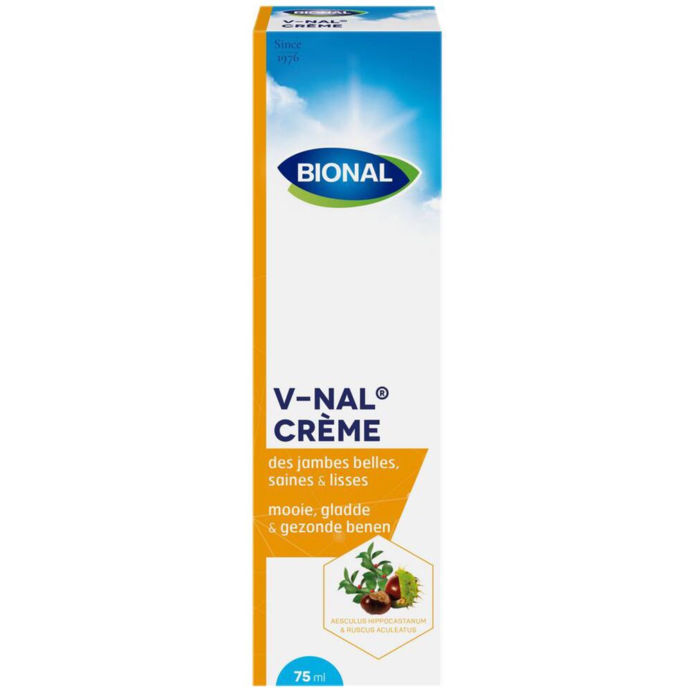 Boîte BIONAL V-NAL CRÈME. Pour des jambes belles, lisses et saines. 75 ml. Image du produit.