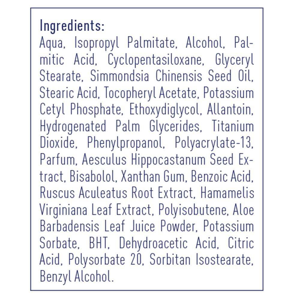 Liste des ingrédients sur fond blanc. Aqua, Isopropyl Palmitate, Alcohol, etc.