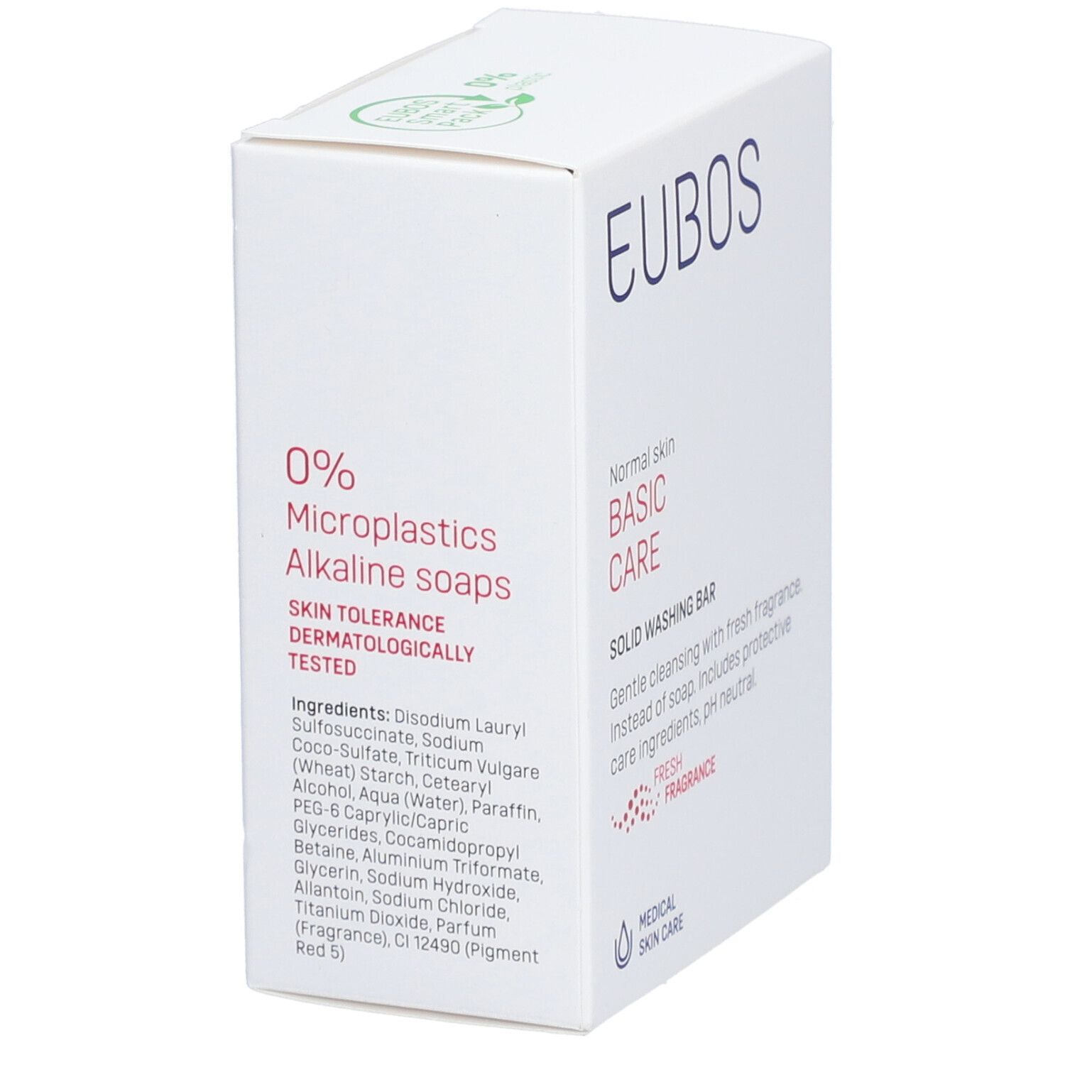 Boîte blanche EUBOS. Texte: 0% microplastiques, savons alcalins. Ingrédients listés. Testé dermatologiquement.
