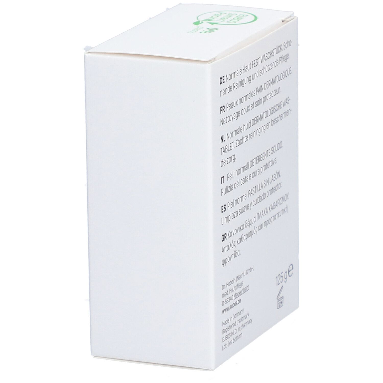 Boîte blanche avec texte en allemand, français, néerlandais et italien. 125g. EUBOS MED. Fabriqué en Allemagne.