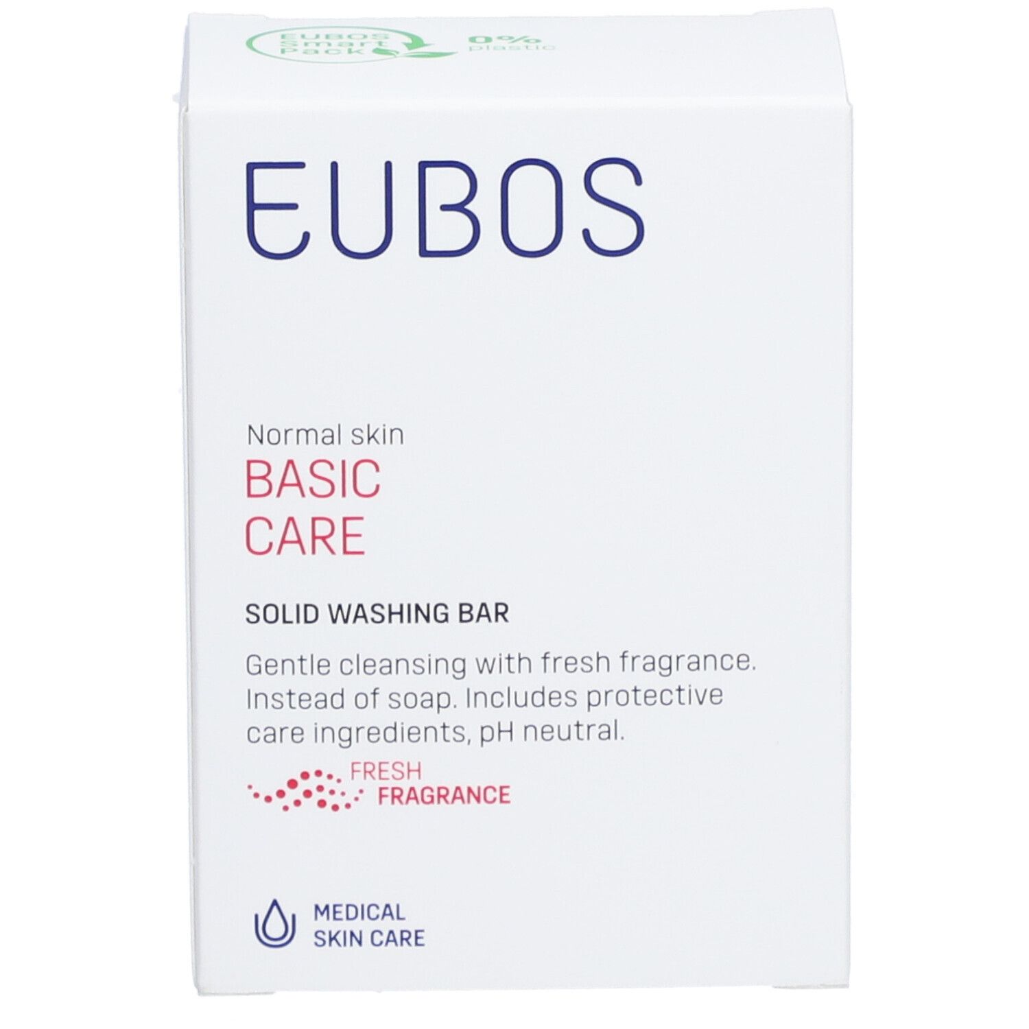 Boîte blanche EUBOS. Texte: Normal Skin, Basic Care, Solid Washing Bar. Parfum frais, pH neutre. Soin médical de la peau.