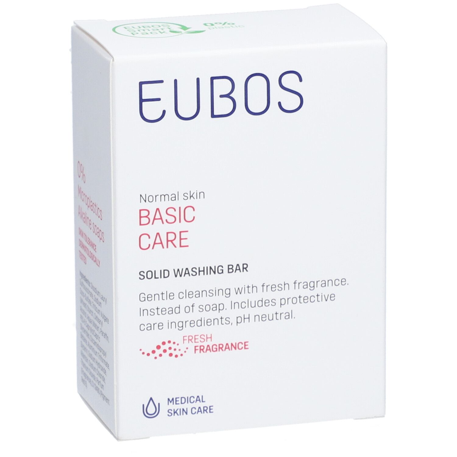 Boîte blanche EUBOS. Texte: Normal Skin, Basic Care, Solid Washing Bar. Parfum frais, pH neutre. Soin médical de la peau.