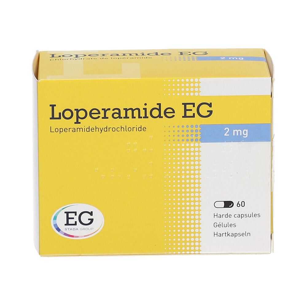 Gele doos Loperamide EG 2 mg, 60 capsules. EG-logo.