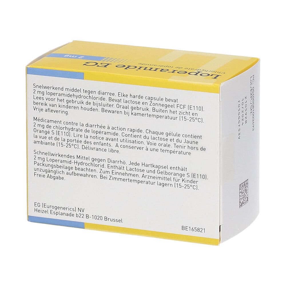 Achterkant Loperamide EG-doos. Meertalige tekst. QR-code.