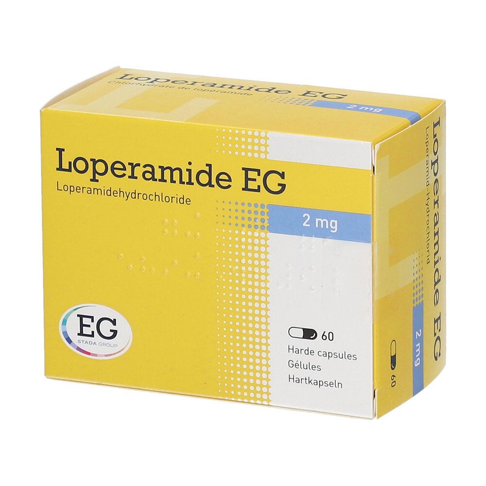 Gele doos Loperamide EG 2 mg, 60 capsules. EG-logo. Schuin aanzicht.