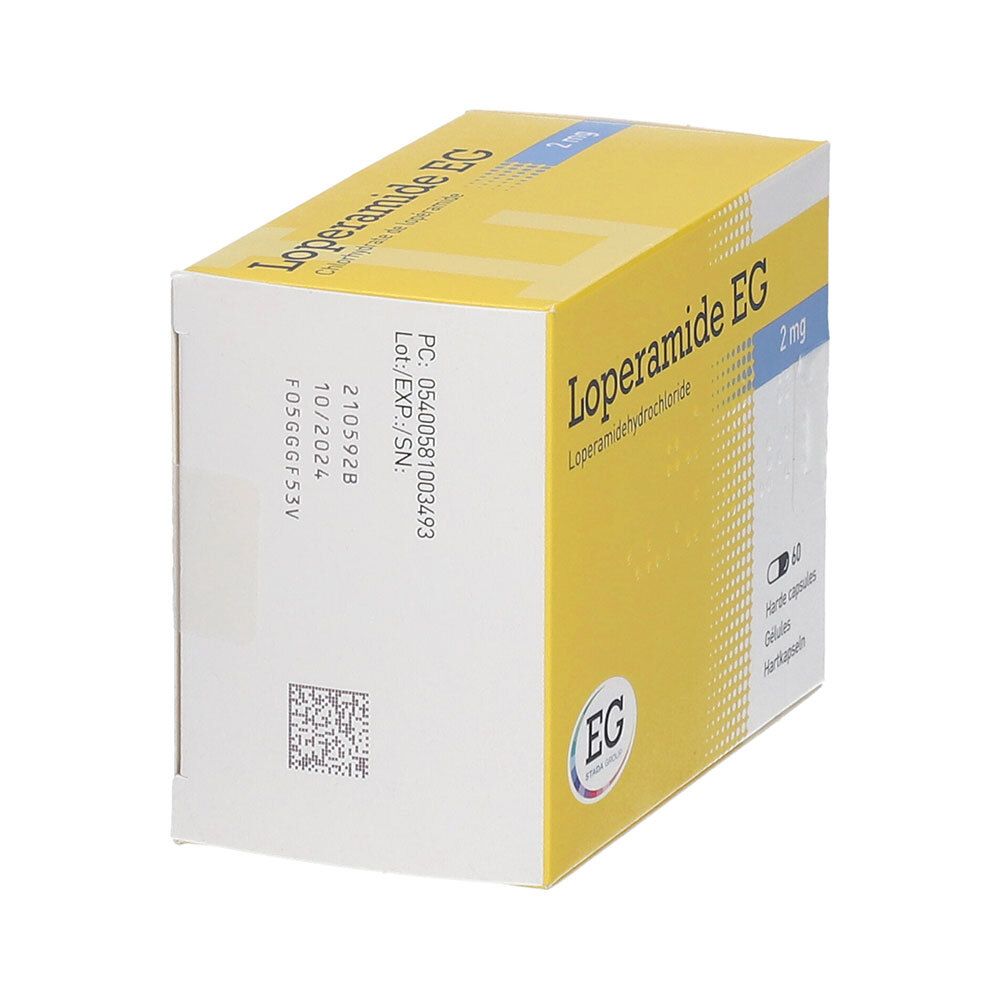 Doos Loperamide EG 2 mg. Achterkant met tekst en QR-code. Geel en wit.