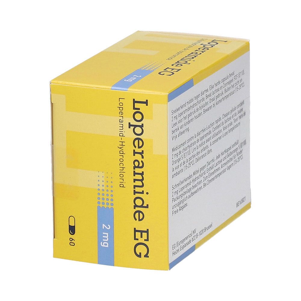 Doos Loperamide EG 2 mg. Achterkant met tekst. Geel en wit.