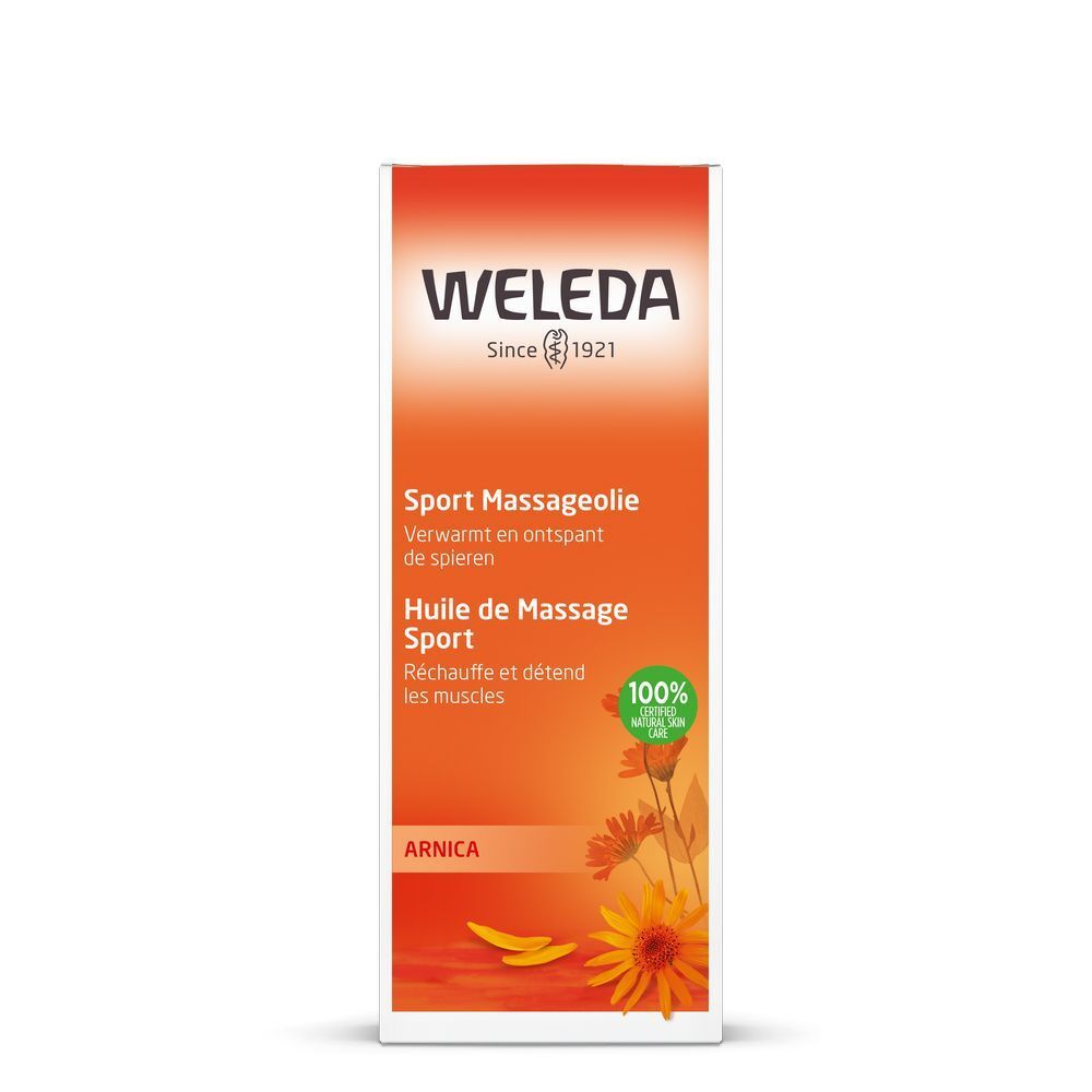 Kartonverpackung mit orangefarbenem Hintergrund. Produktname und floraler Illustration. Marke: Weleda. Mit 100% Natural Skin Care Siegel.