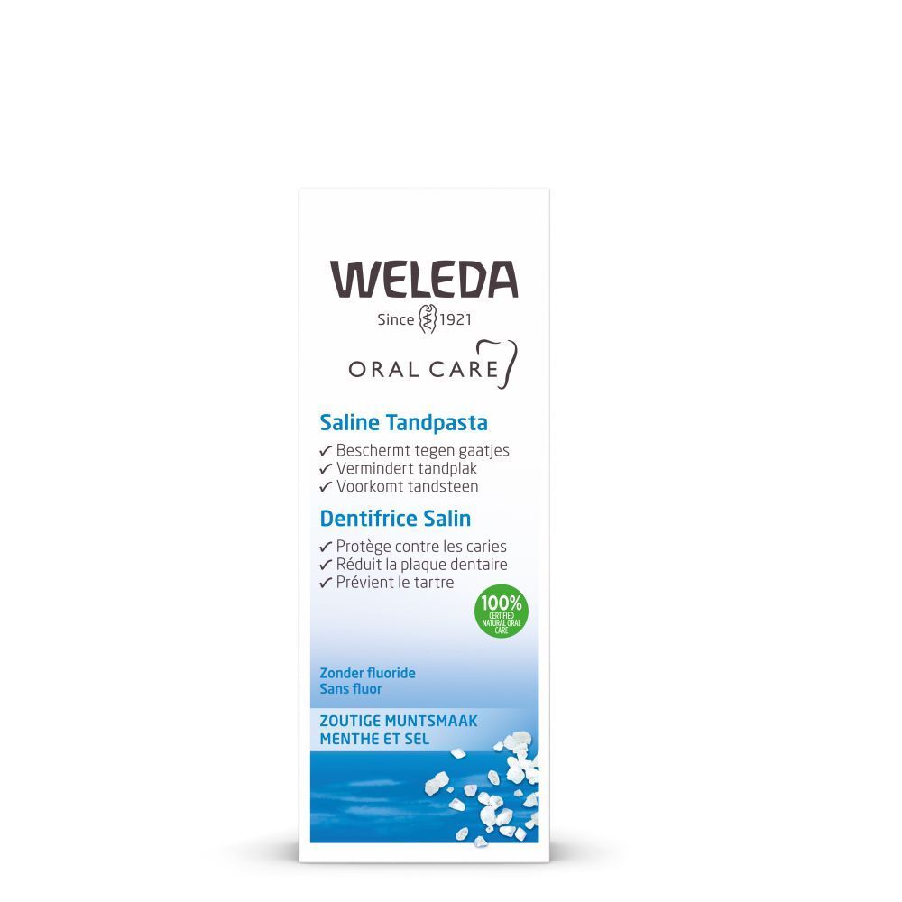 Emballage de dentifrice Weleda Saline. Blanc, avec texte bleu et vert. Contient du texte en allemand, néerlandais et français.