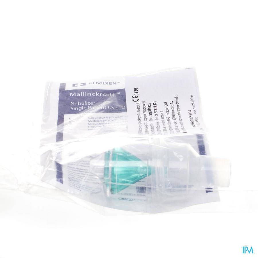 Verpakte inhalatiehulp. Opschrift: Mallinckrodt Nebulizer Single Patient Use. Groen mondstuk, transparante kamer.