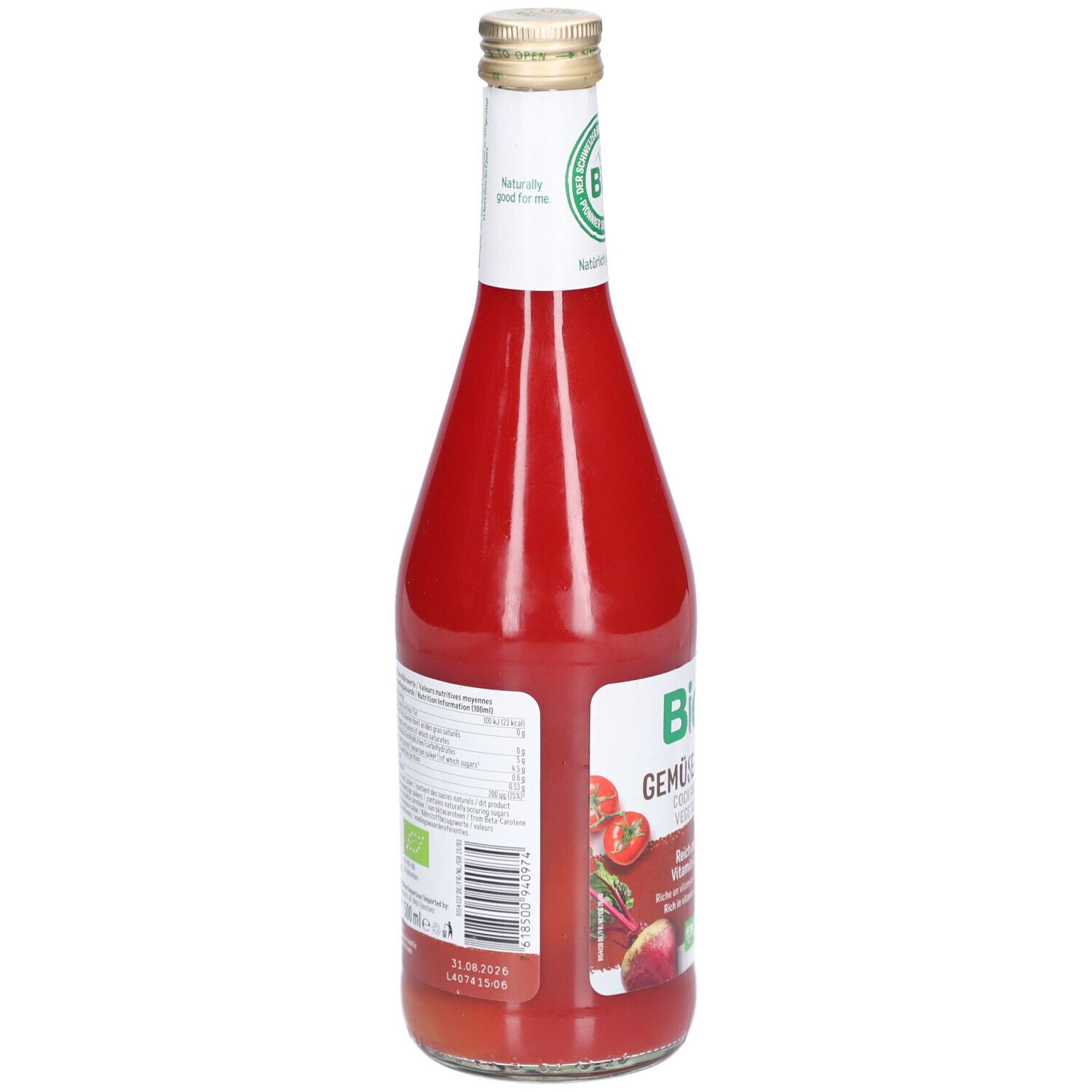Vue arrière de la bouteille de Biotta Cocktail de légumes. Étiquette avec informations nutritionnelles et code-barres. Label bio.