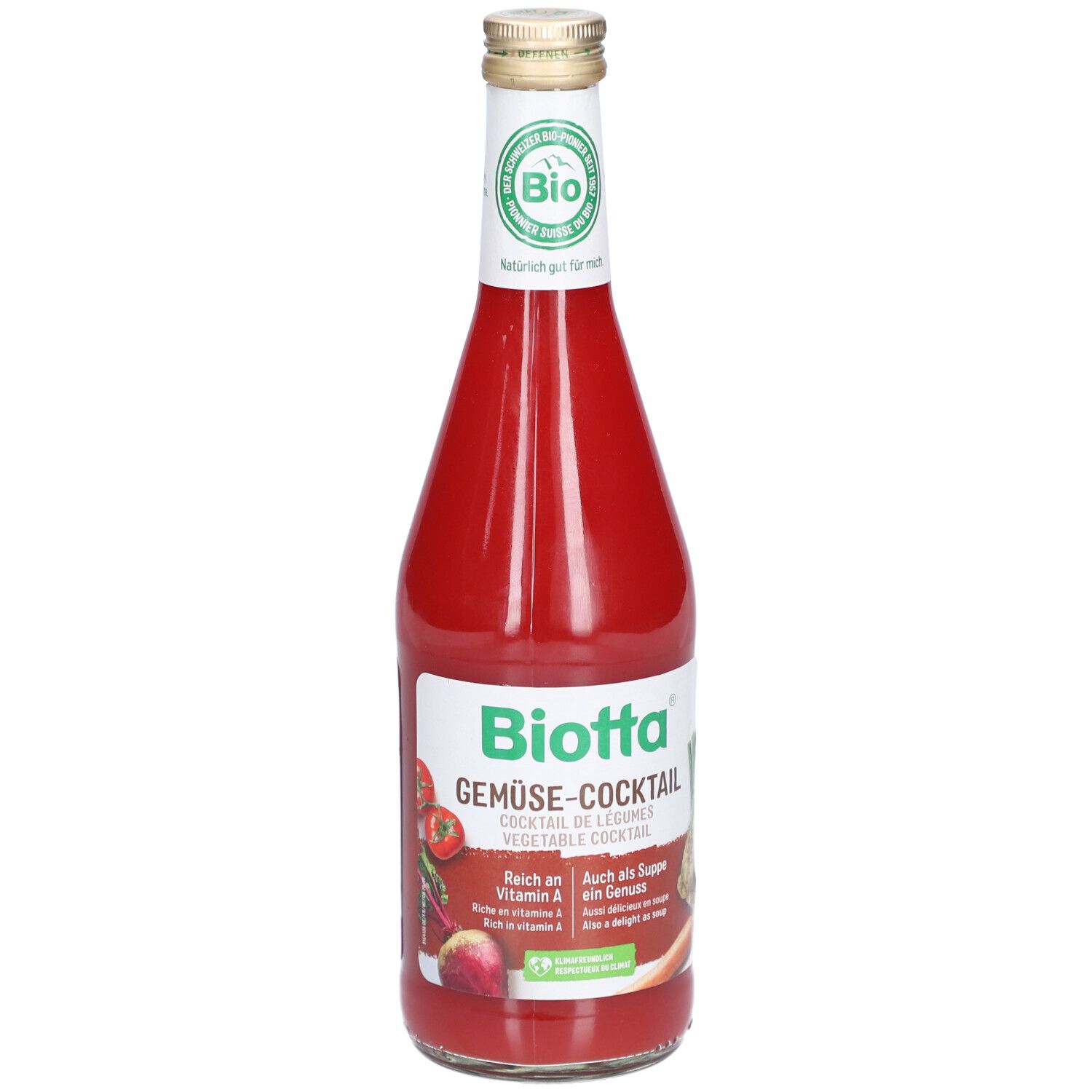 Biotta Cocktail de légumes en bouteille en verre. Label bio. Liquide rouge. Étiquette avec illustrations de légumes.