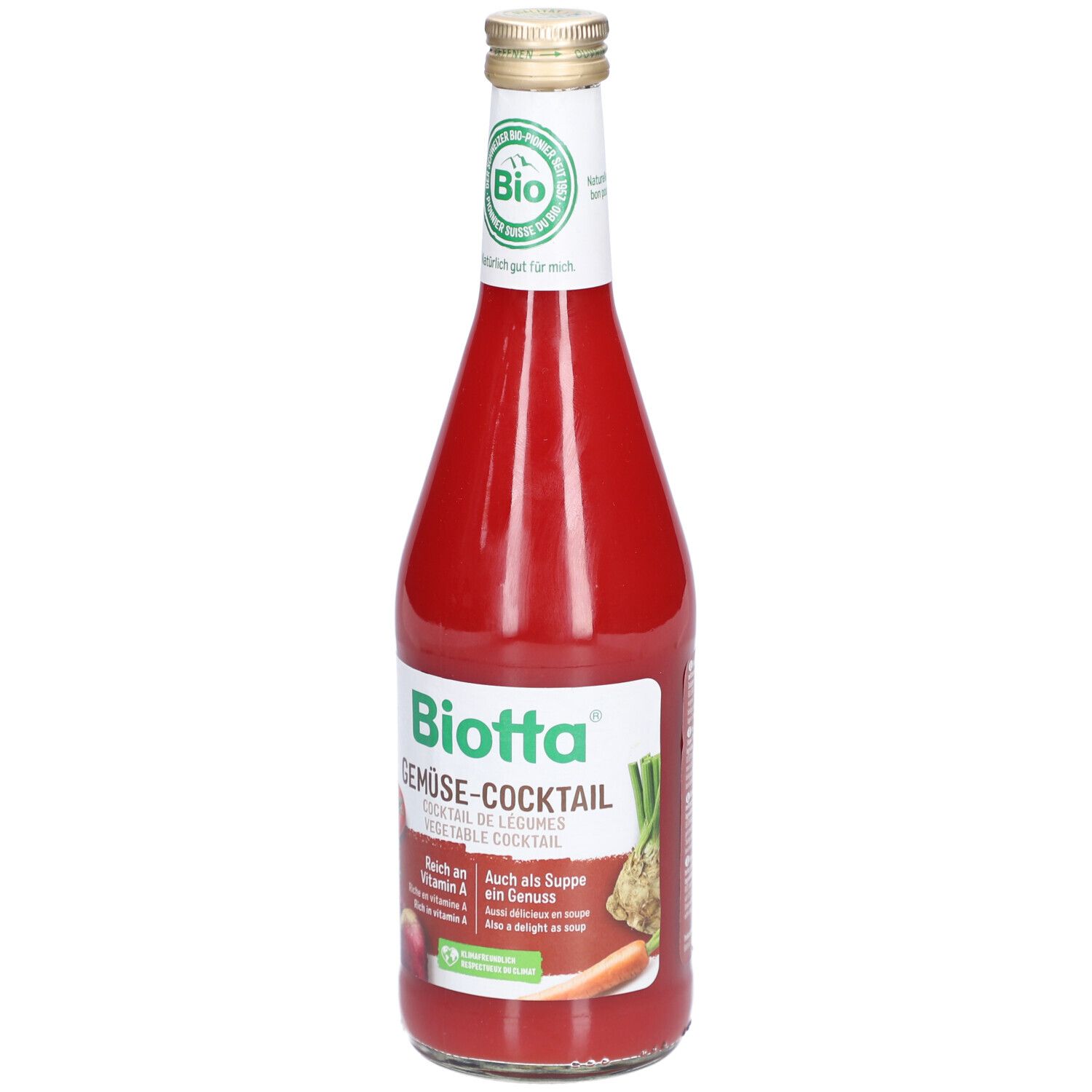 Biotta Cocktail de légumes en bouteille en verre. Label bio. Liquide rouge. Étiquette avec illustrations de légumes.