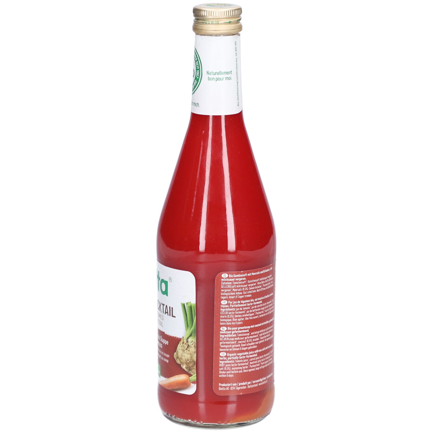Vue arrière de la bouteille de Biotta Cocktail de légumes. Étiquette avec informations nutritionnelles et label bio.