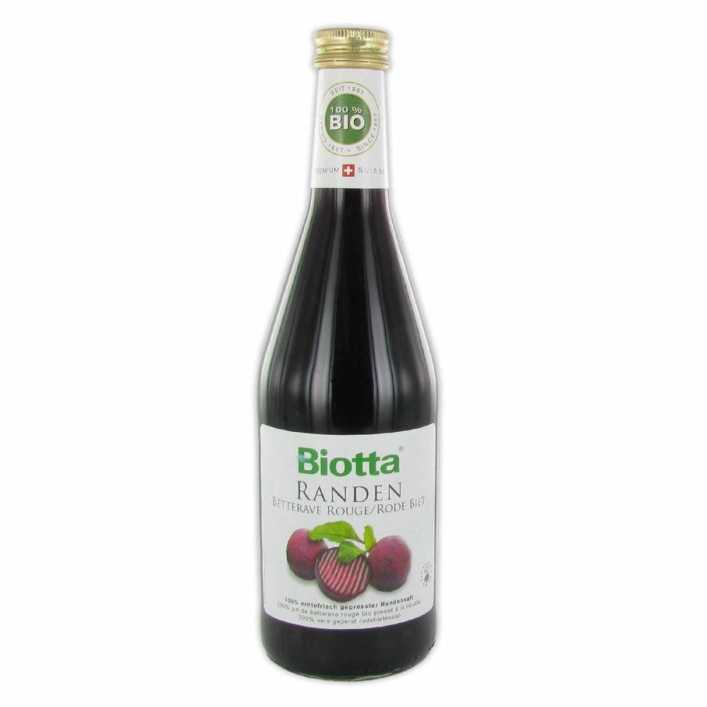 Bouteille en verre contenant un liquide rouge. Étiquette avec nom du produit, illustration de betteraves et label bio.