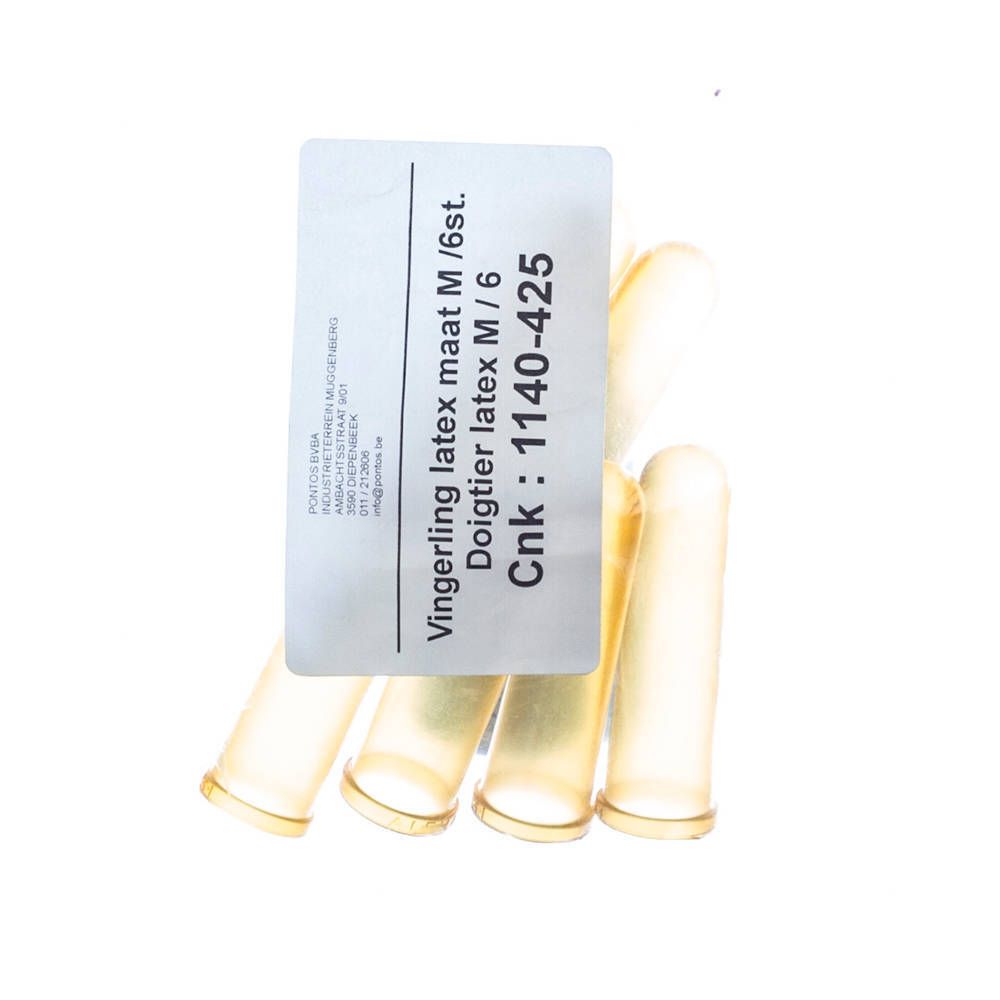 Six doigtier en latex, taille M. Étiquette avec informations produit: Vingerling latex maat M /6st. Doigtier latex M/6. Cnk: 1140-425.