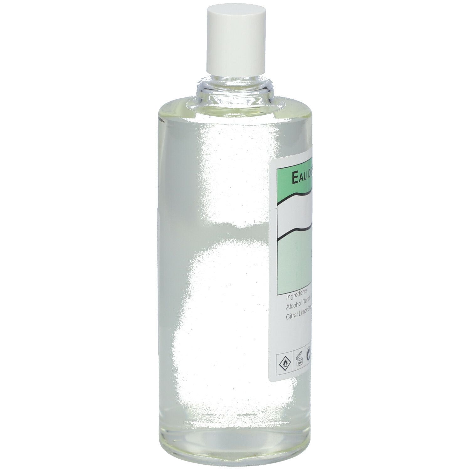 Flacon transparent avec bouchon blanc. Étiquette "Eau de Cologne".