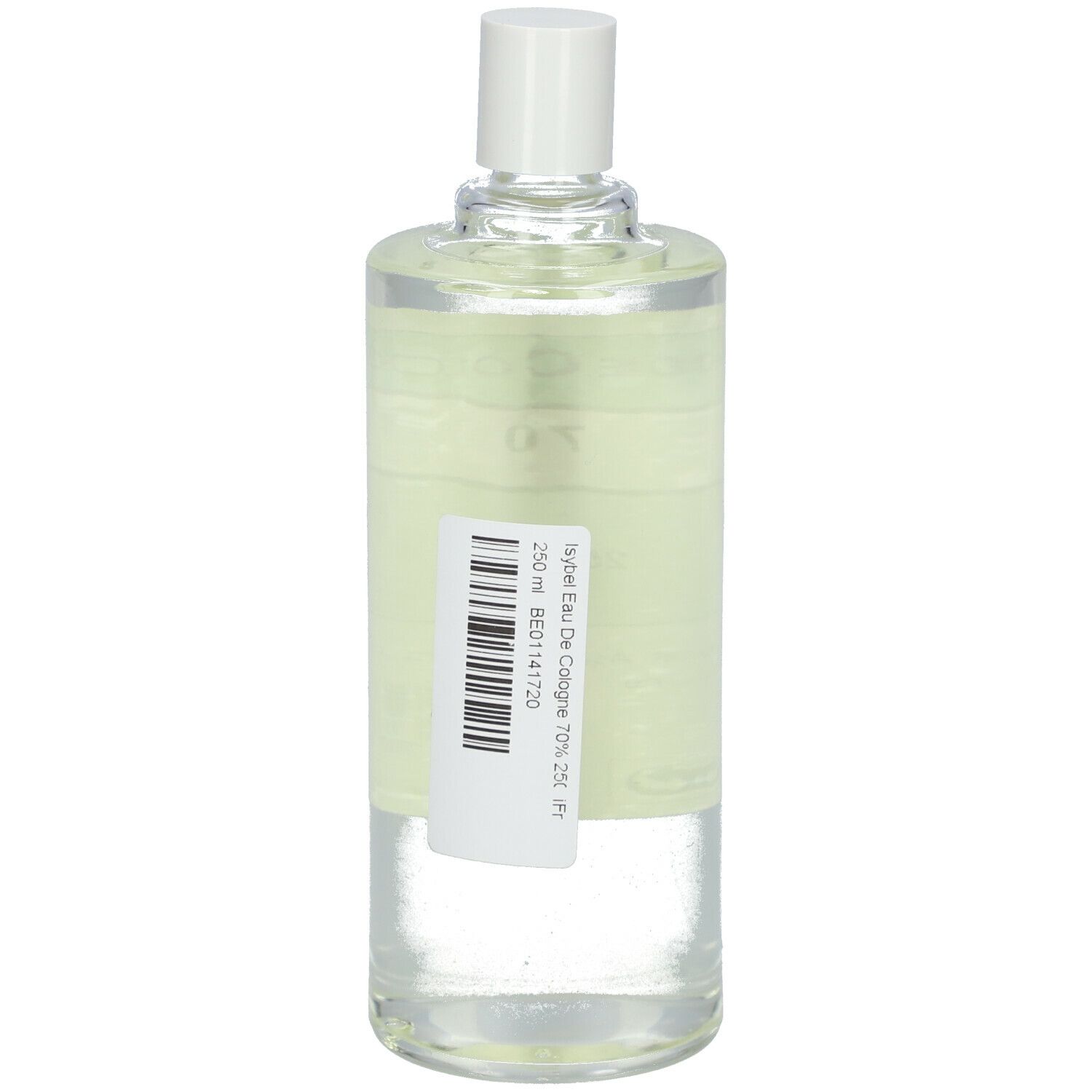 Flacon transparent avec bouchon blanc. Étiquette avec code-barres et informations produit.