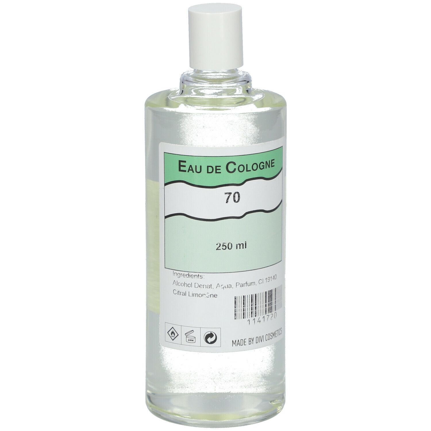 Flacon transparent avec bouchon blanc. Étiquette "Eau de Cologne 70" et 250 ml.