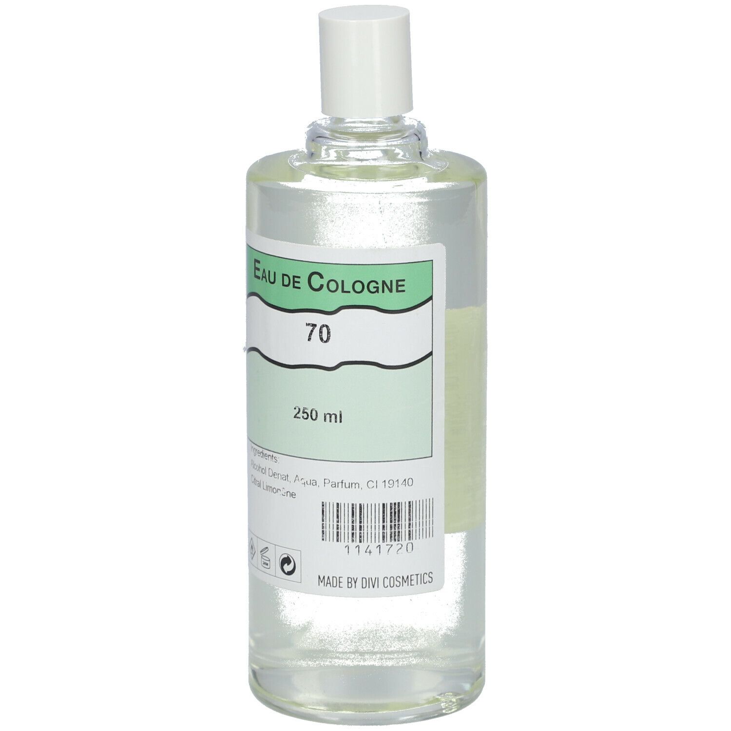 Flacon transparent avec bouchon blanc. Étiquette "Eau de Cologne 70" et 250 ml.