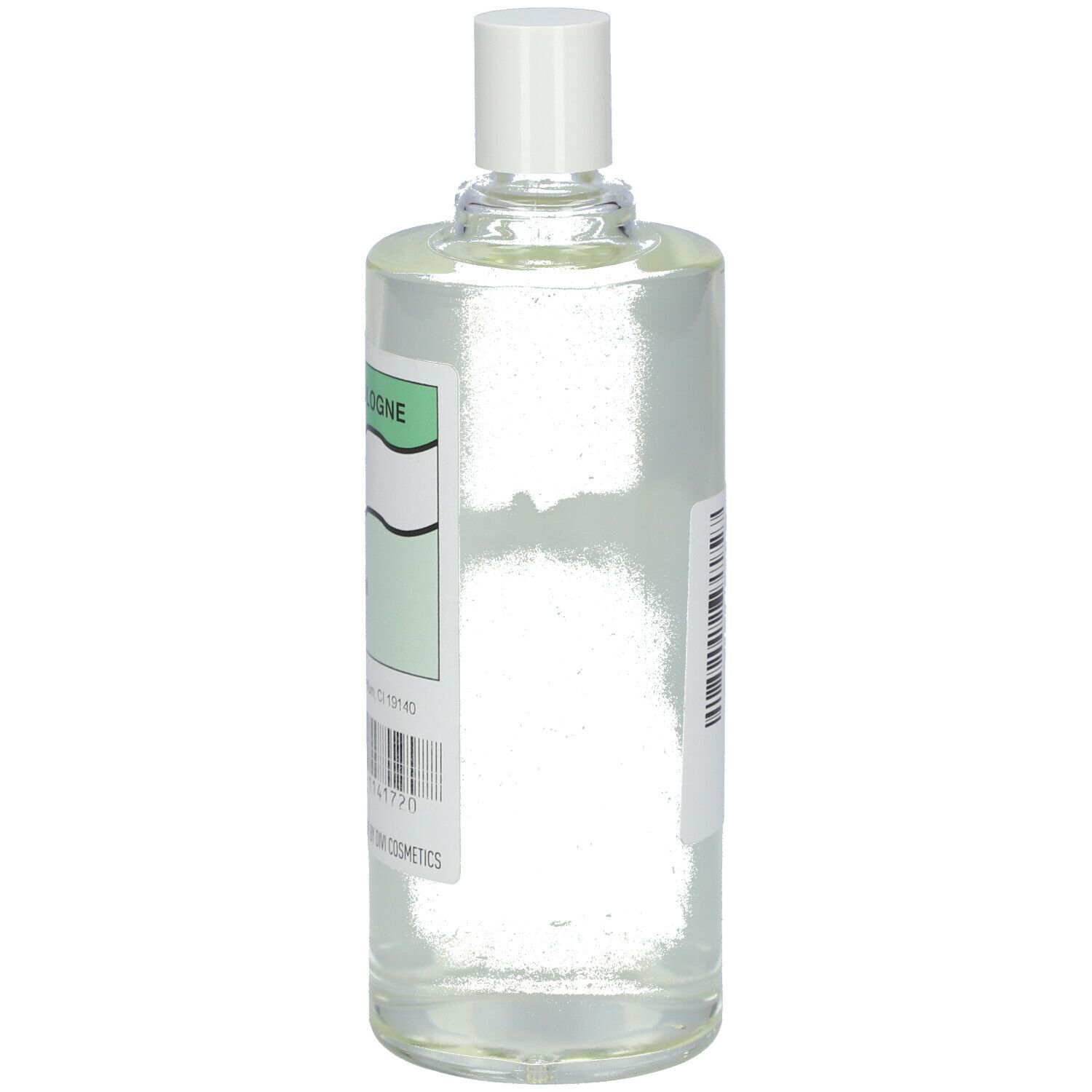 Flacon transparent avec bouchon blanc. Étiquette avec informations produit.