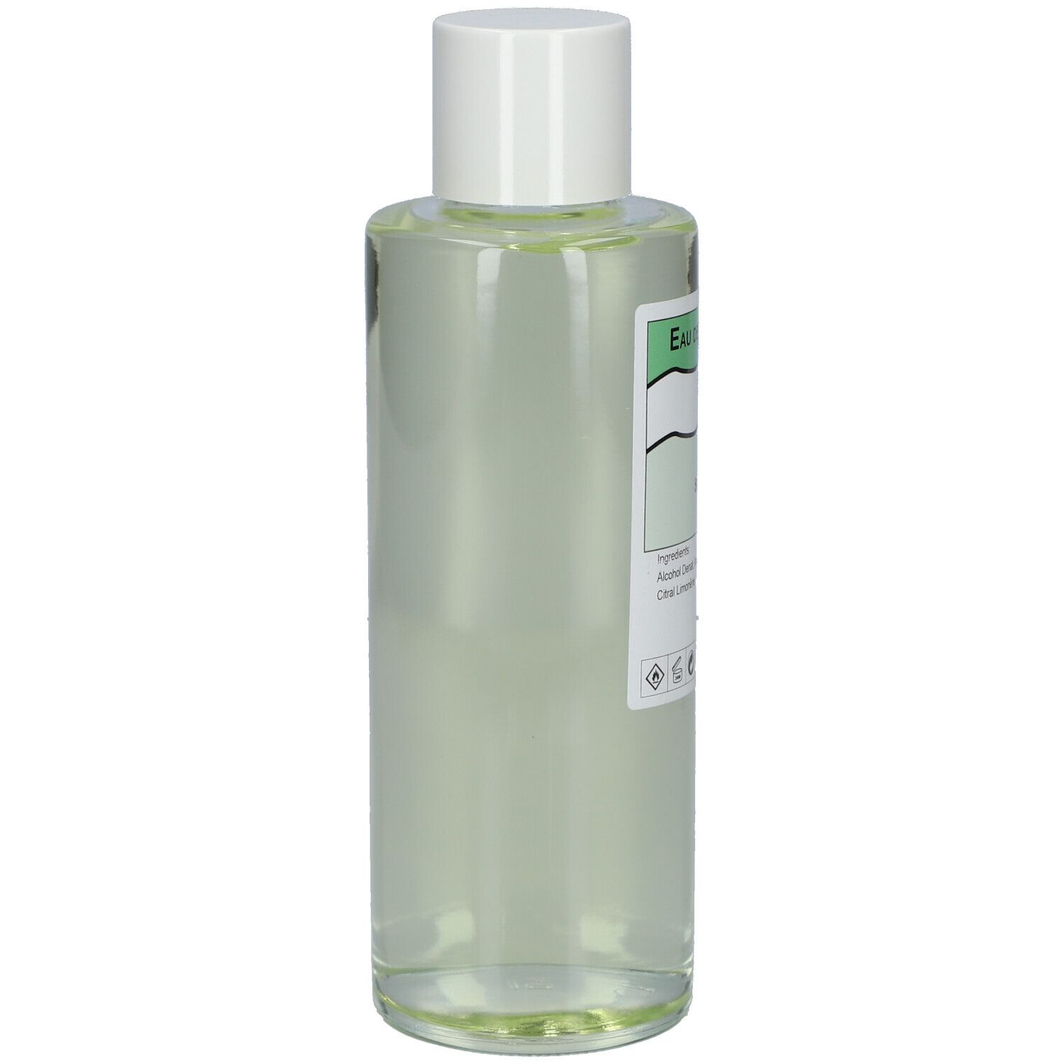 Flacon cylindrique avec bouchon blanc. Liquide avec étiquette. Texte: Eau de Cologne 70. Étiquette avec ingrédients.