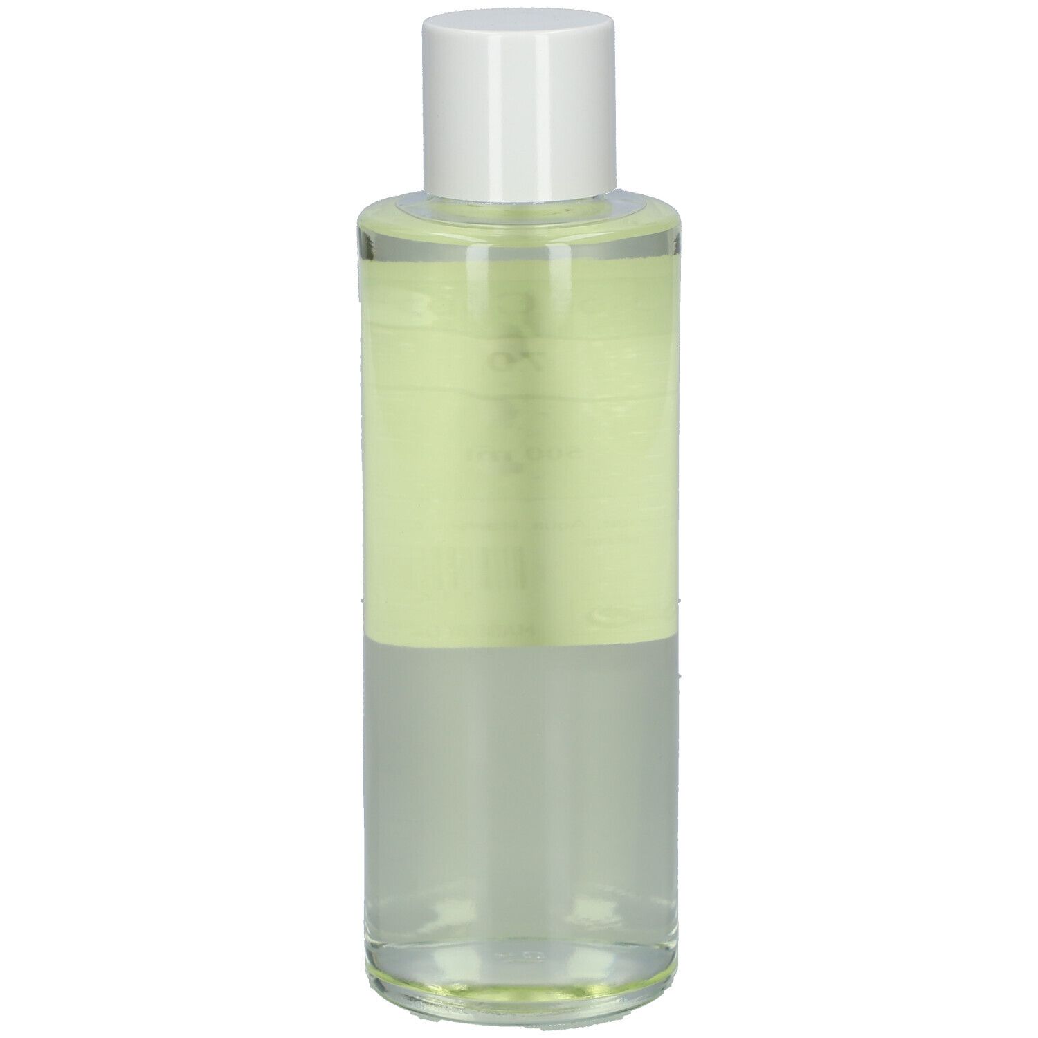 Flacon cylindrique avec bouchon blanc. Liquide avec étiquette. Texte: Eau de Cologne 70. Étiquette avec ingrédients.