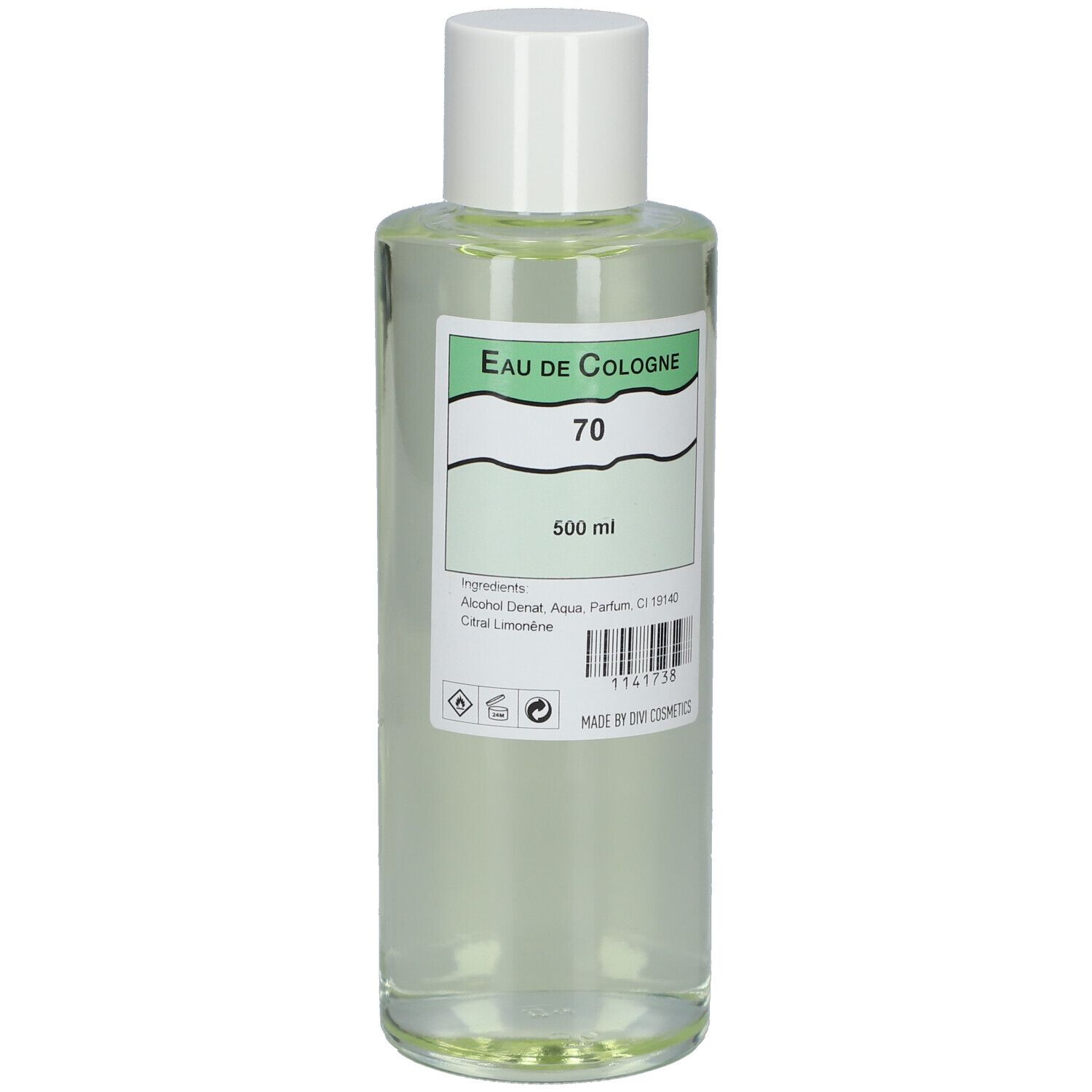 Flacon cylindrique avec bouchon blanc. Étiquette: Eau de Cologne 70, 500 ml. Code-barres et ingrédients visibles.