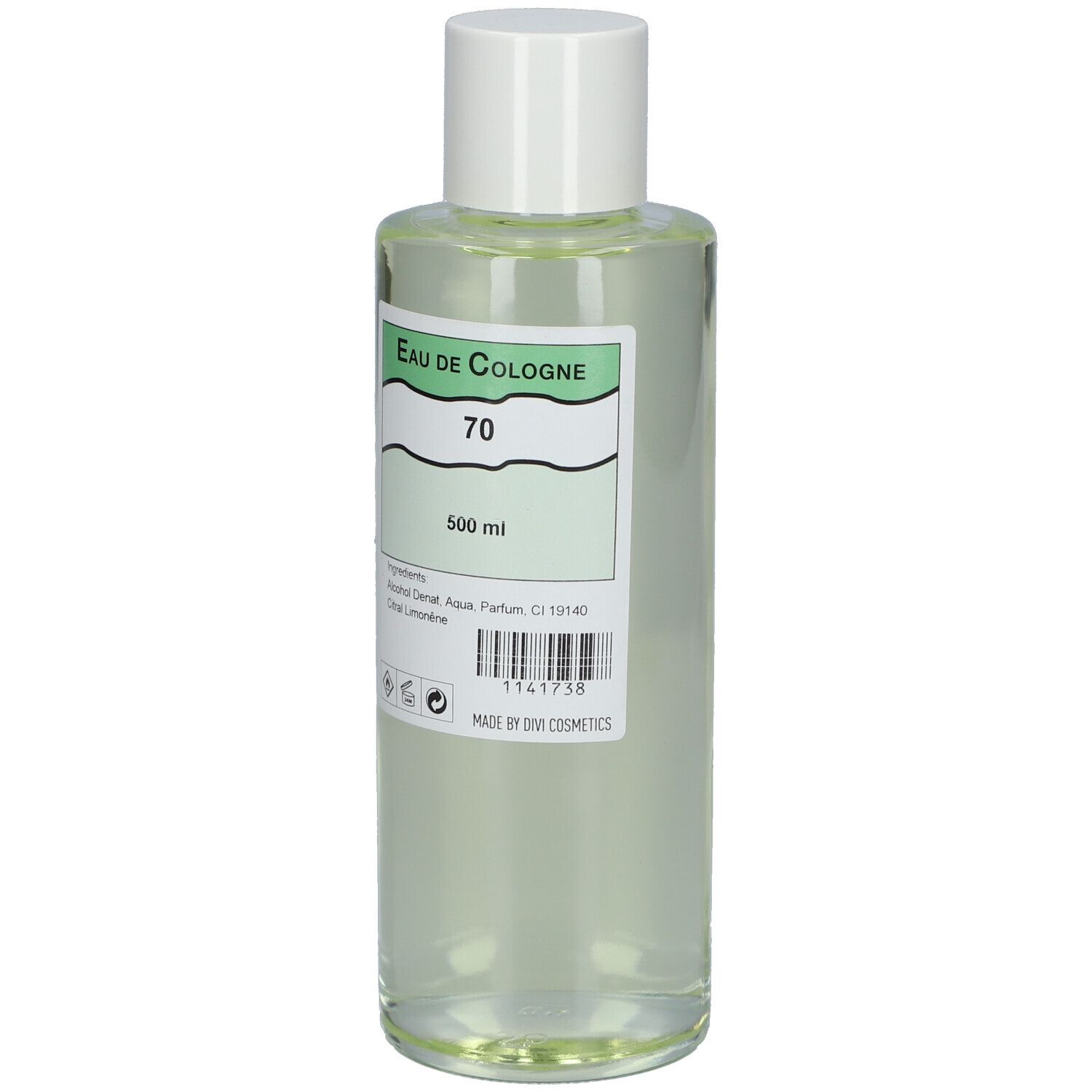 Flacon cylindrique avec bouchon blanc. Étiquette: Eau de Cologne 70, 500 ml. Code-barres et ingrédients visibles.