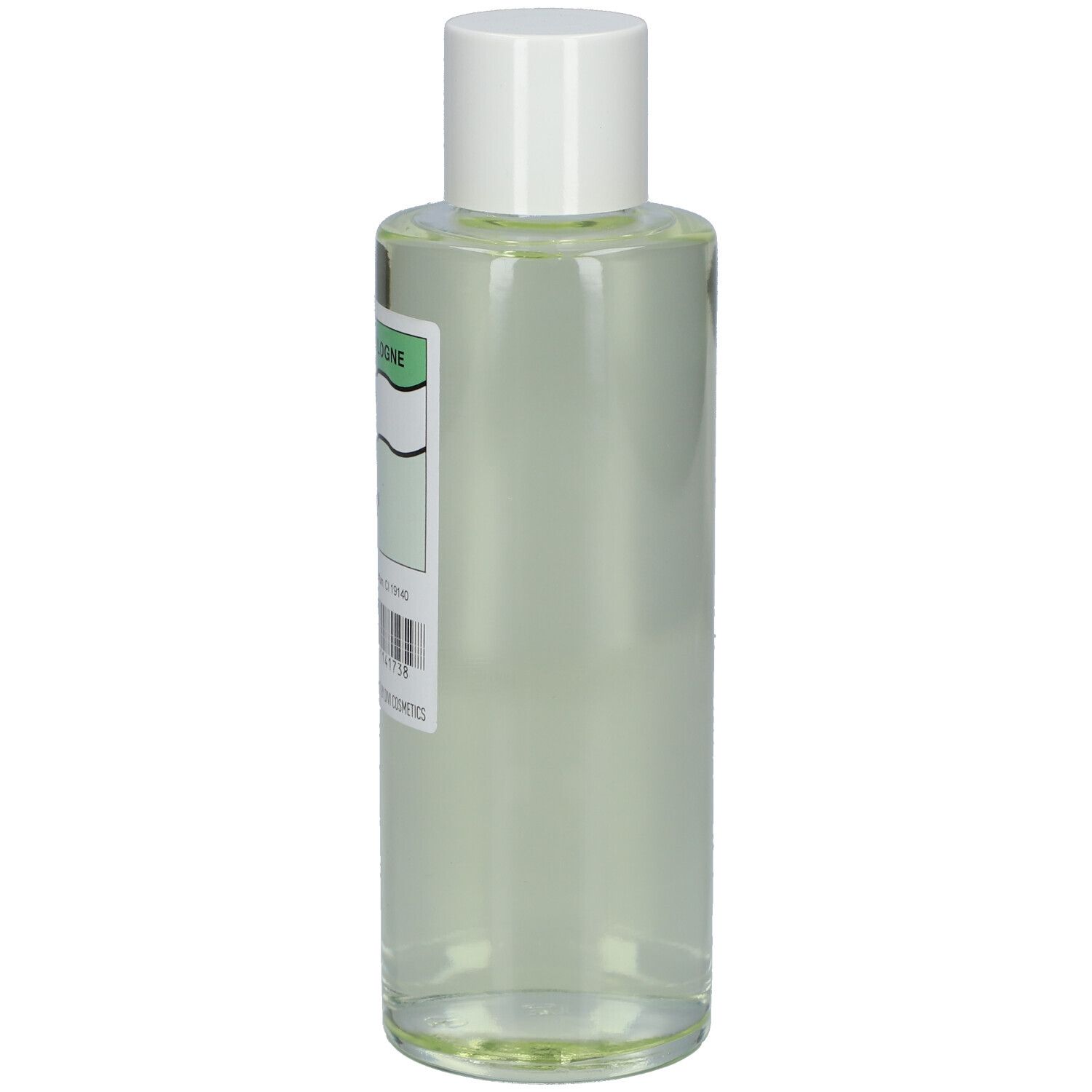 Flacon cylindrique avec bouchon blanc. Étiquette: Eau de Cologne 70. Code-barres et ingrédients visibles.