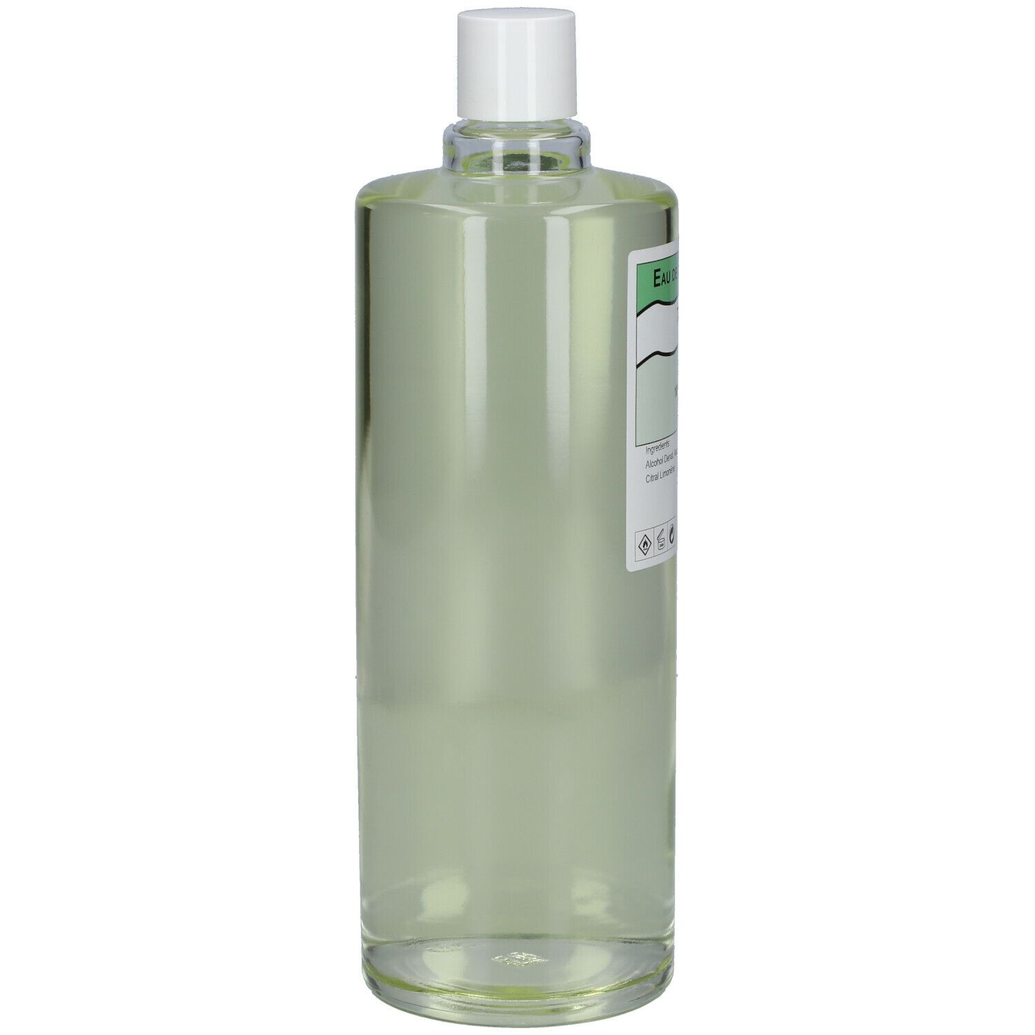 Flacon transparent avec bouchon blanc. Étiquette illisible. Liquide à l'intérieur.