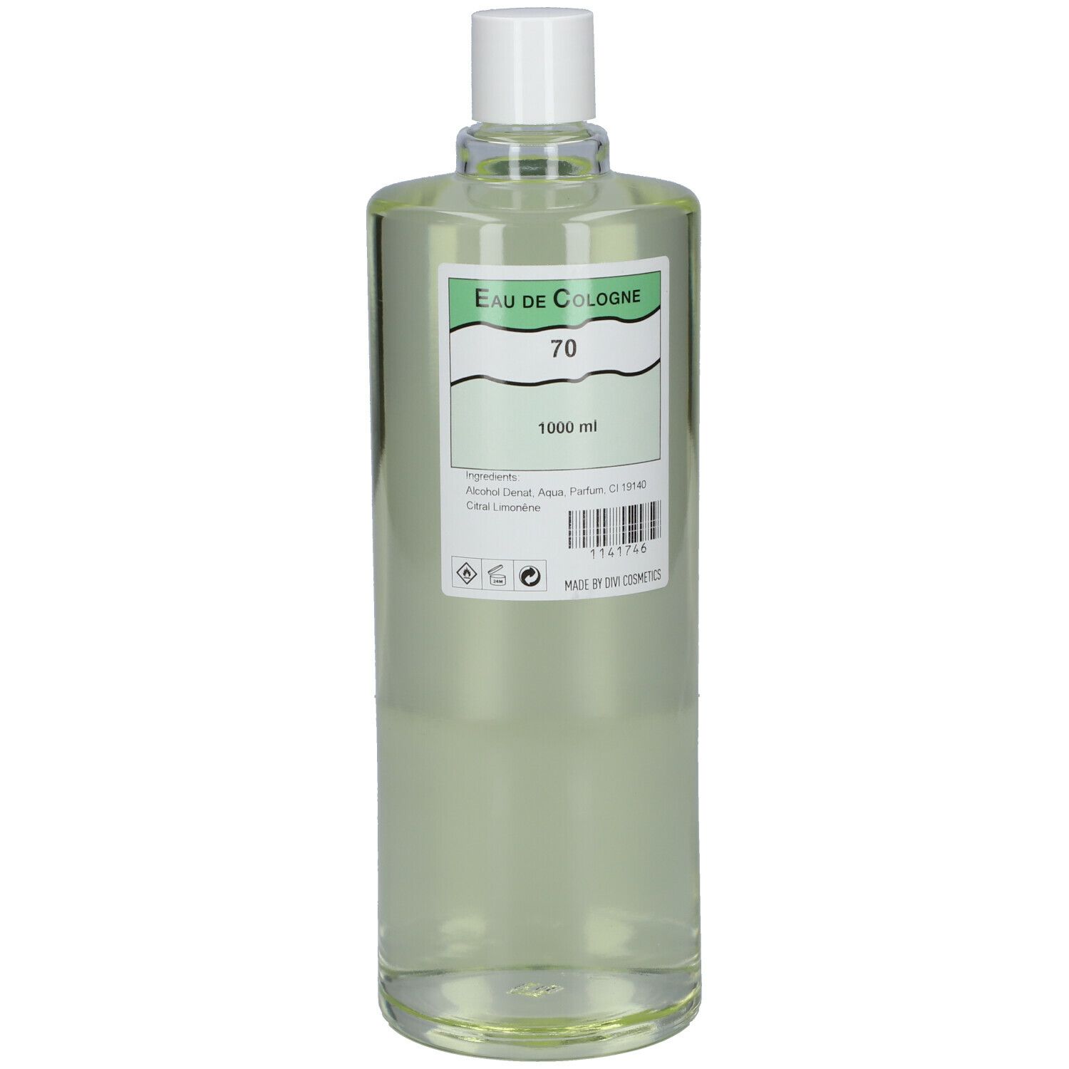 Flacon transparent avec bouchon blanc. Étiquette "Eau de Cologne 70" et informations. 1000 ml.