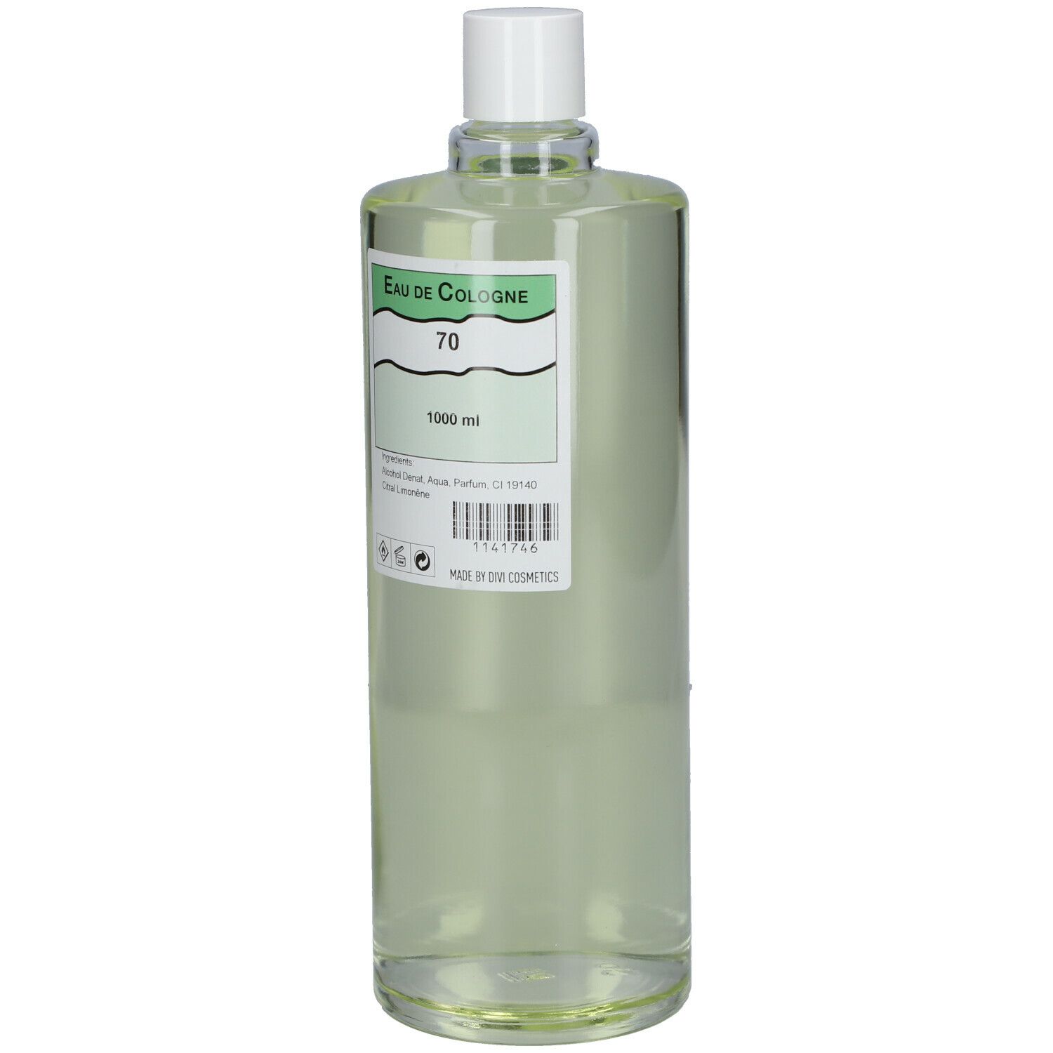 Flacon transparent avec bouchon blanc. Étiquette "Eau de Cologne 70" et informations. 1000 ml.