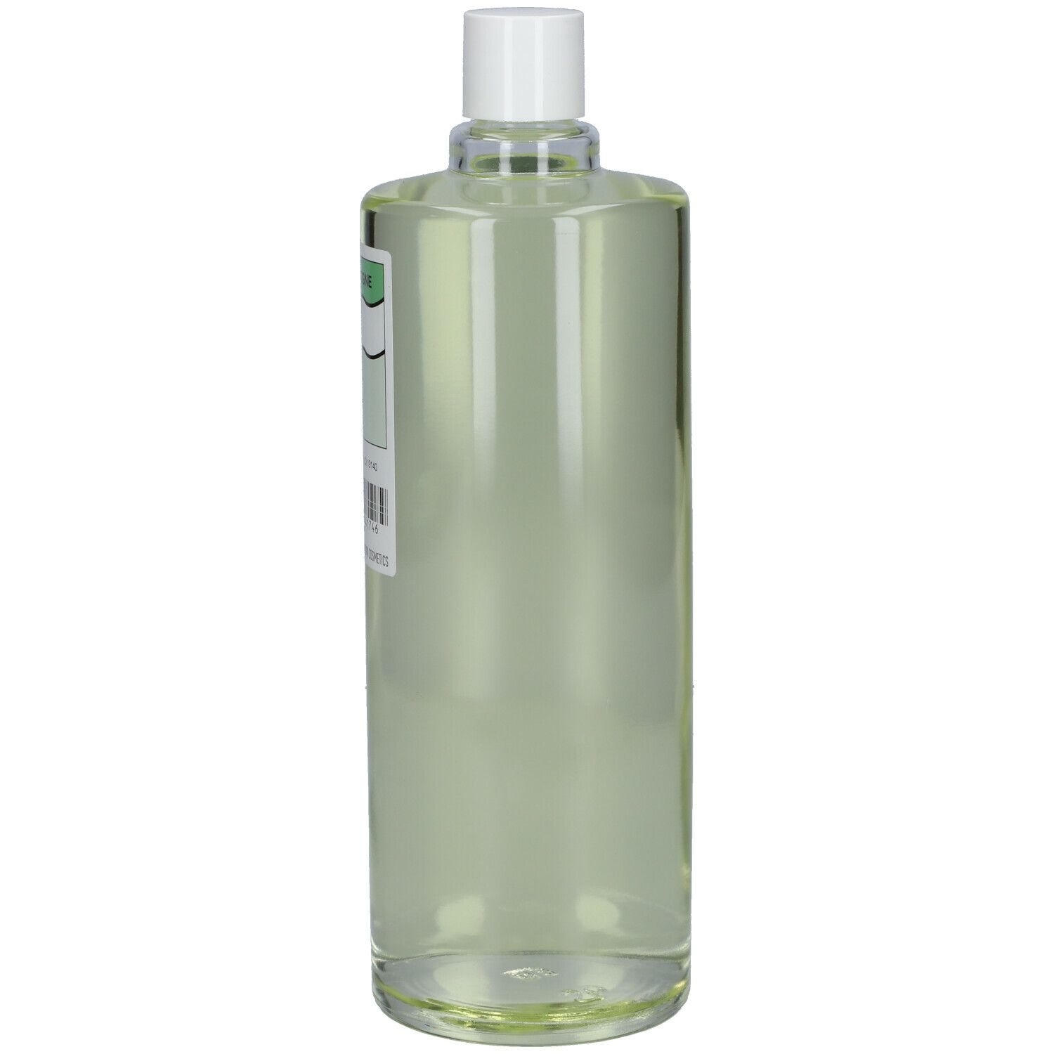 Flacon transparent avec bouchon blanc. Étiquette illisible. Liquide à l'intérieur.