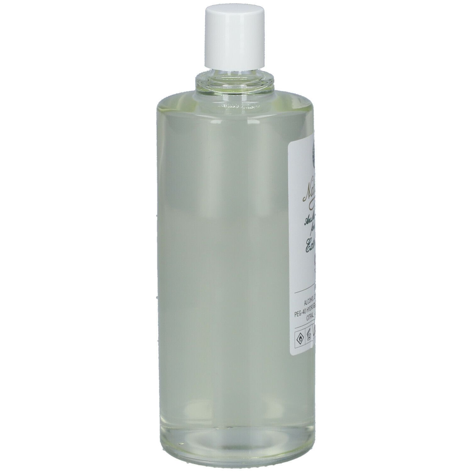 Flacon transparent avec bouchon blanc. Étiquette avec texte. Vue latérale du produit.