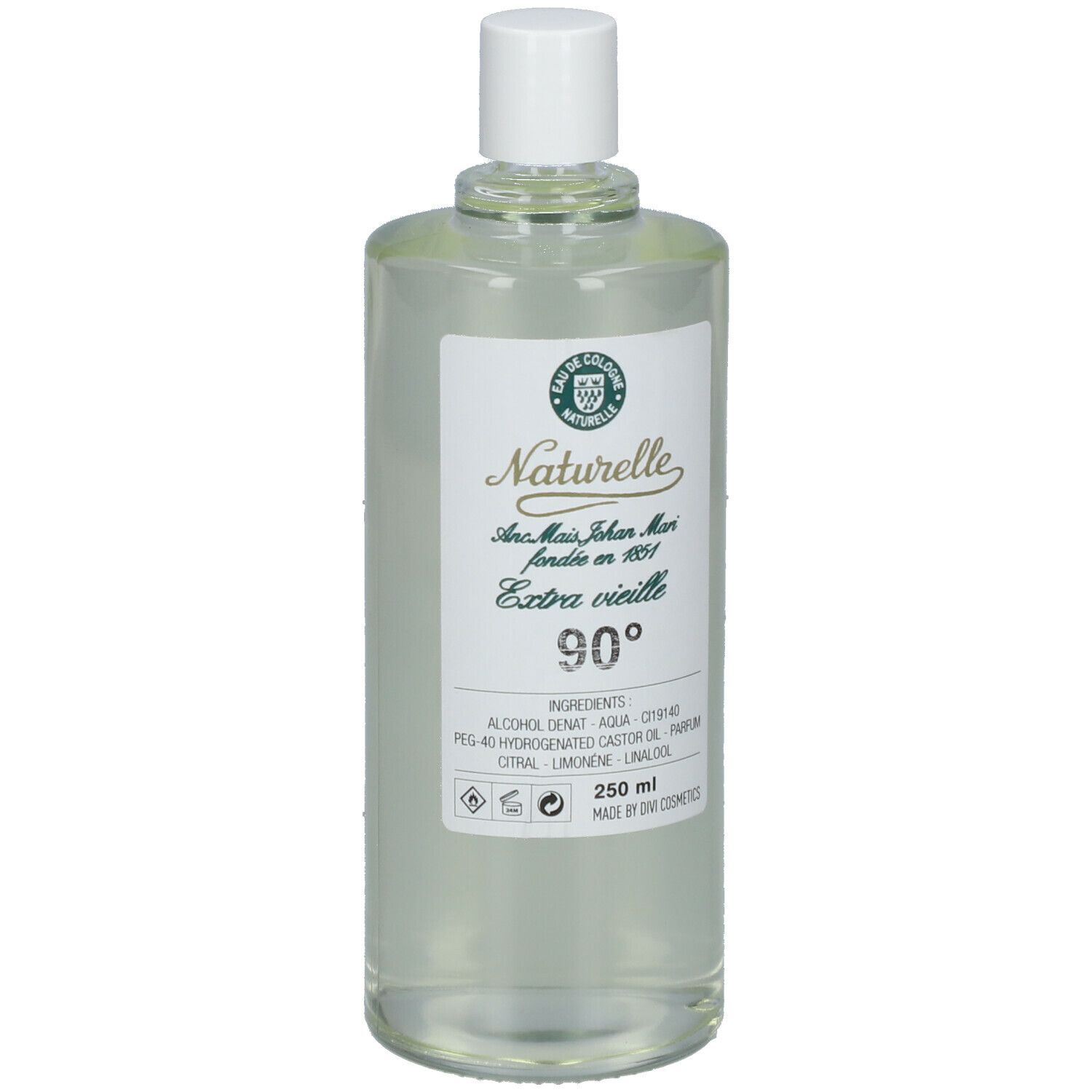 Flacon transparent avec bouchon blanc. Étiquette avec texte: Naturelle, Extra vieille, 90°. Ingrédients et indication de volume.