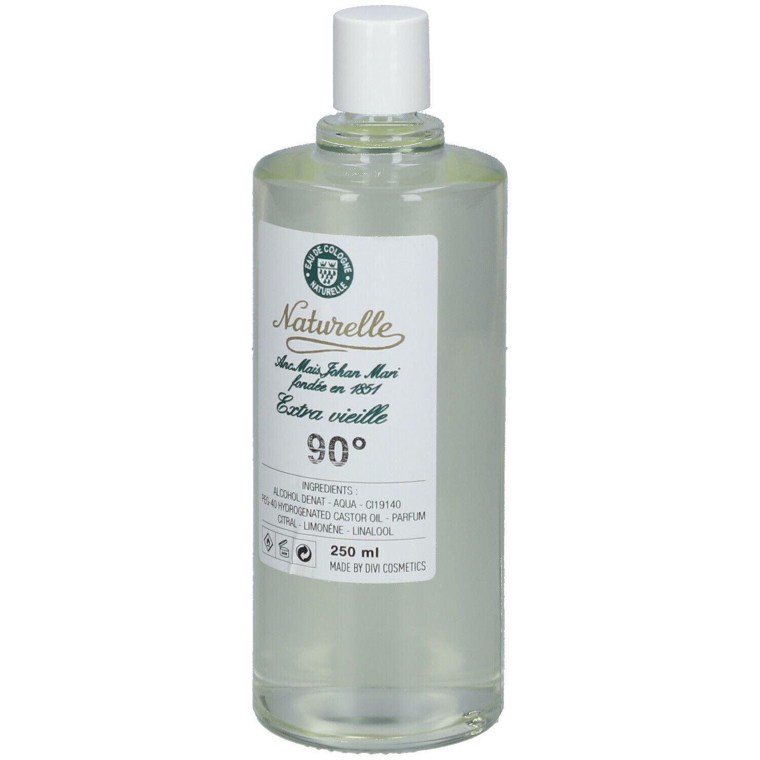 Flacon transparent avec bouchon blanc. Étiquette avec texte: Naturelle, Extra vieille, 90°. Ingrédients et indication de volume.
