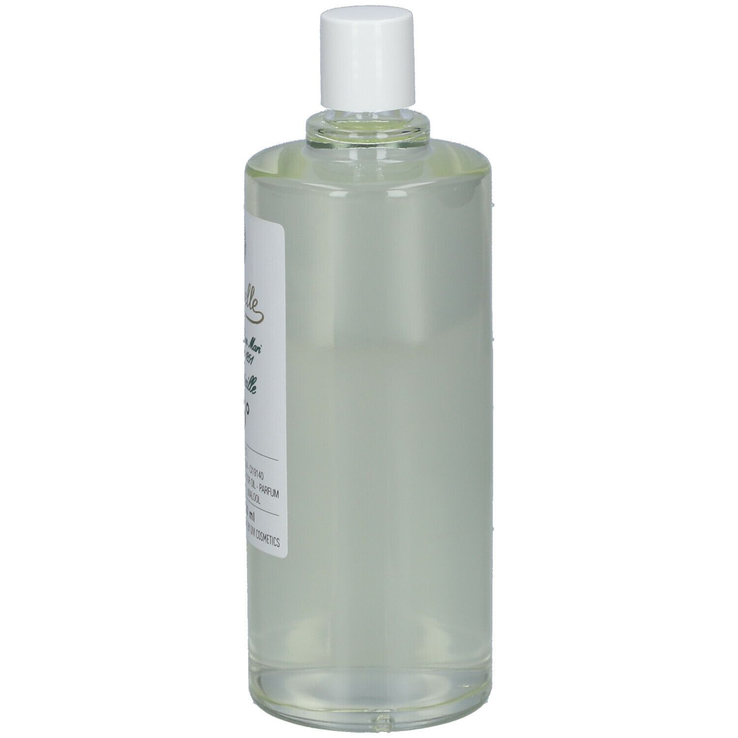 Flacon transparent avec bouchon blanc. Étiquette avec texte. Vue latérale du produit.
