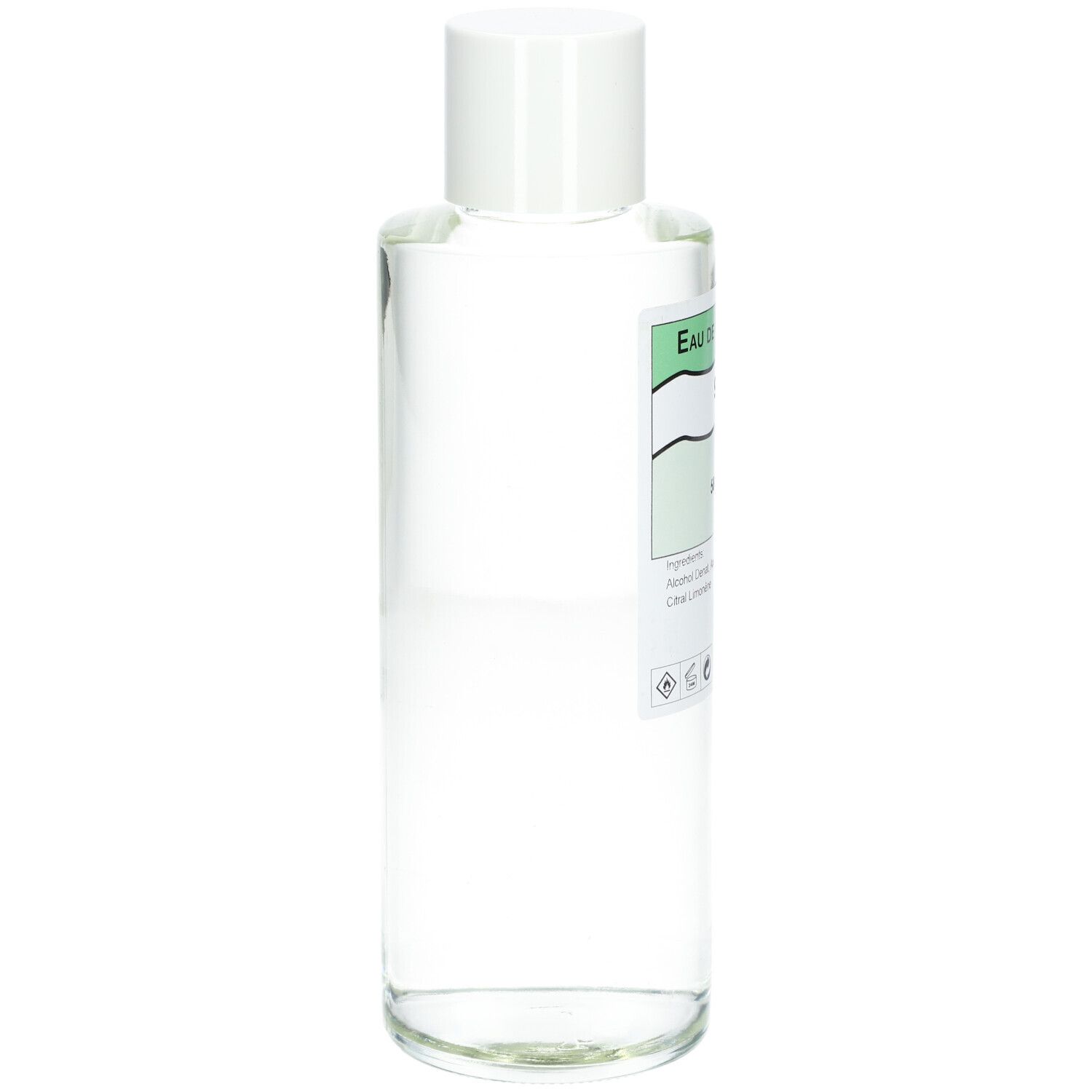 Flacon transparent avec bouchon blanc. Étiquette partiellement visible avec texte.