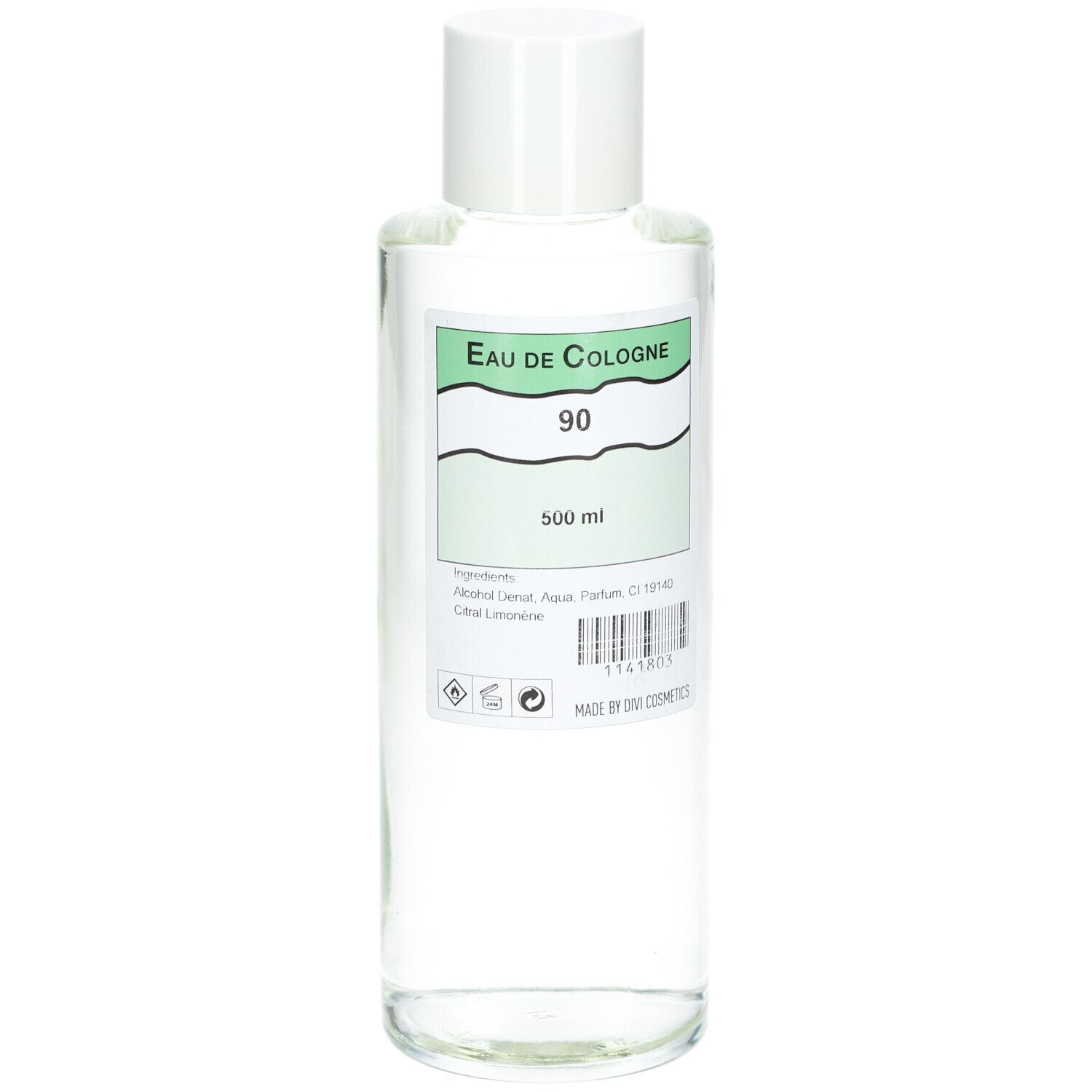 Flacon transparent avec bouchon blanc. Étiquette "Eau de Cologne 90" et "500 ml". Ingrédients visibles.