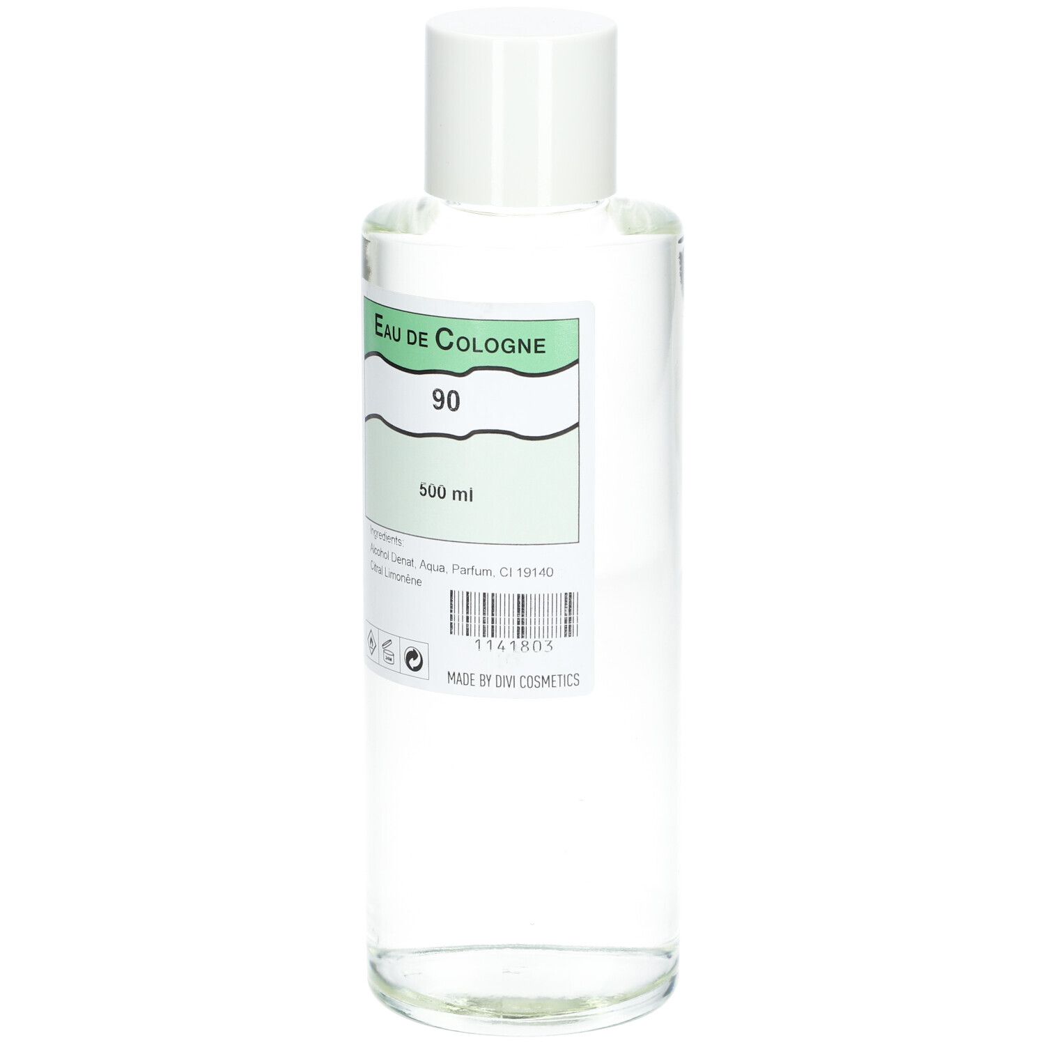 Flacon transparent avec bouchon blanc. Étiquette "Eau de Cologne 90" et "500 ml". Ingrédients visibles.