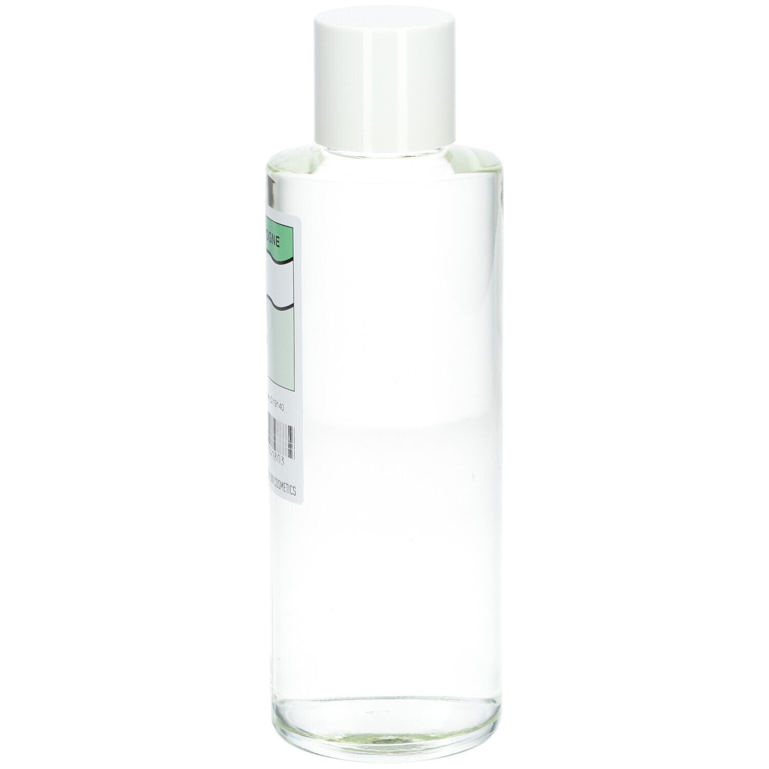 Flacon transparent avec bouchon blanc. Étiquette partiellement visible avec texte.