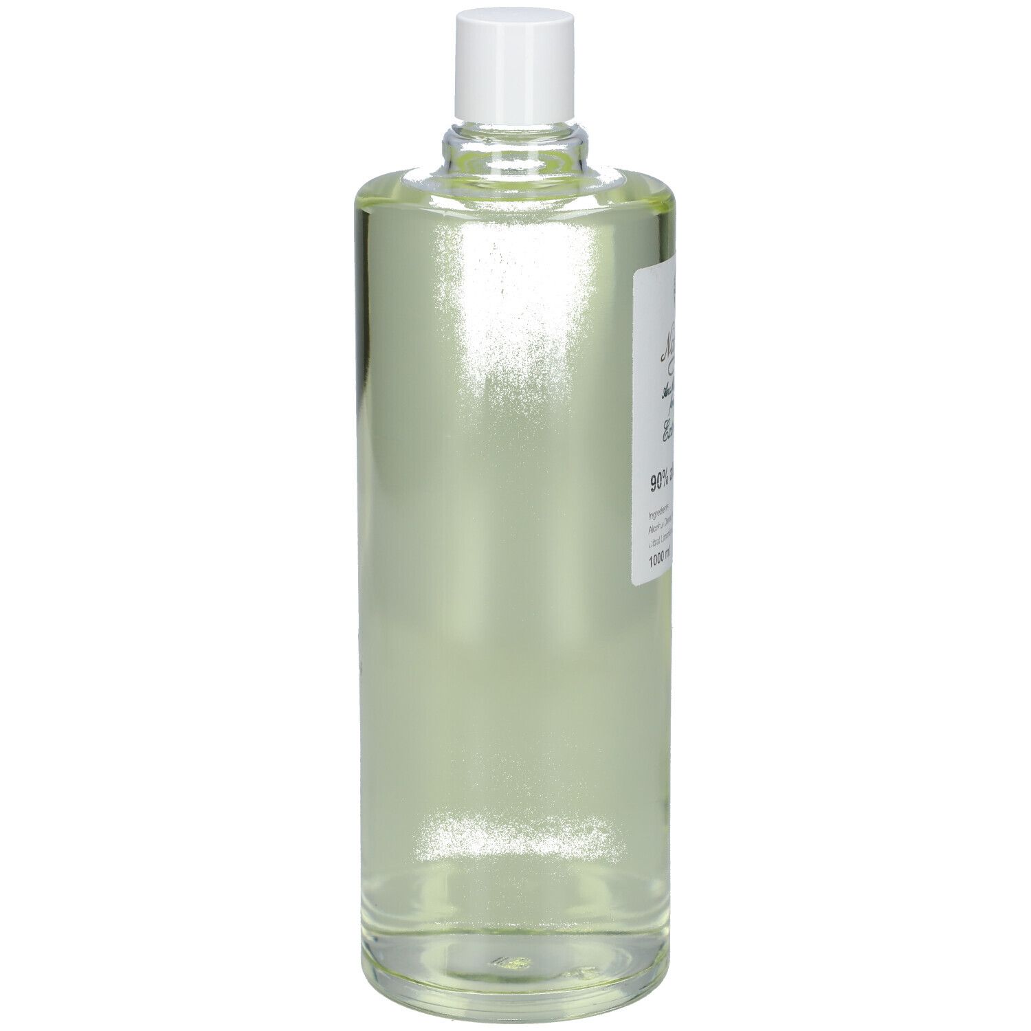 Haute bouteille en verre transparent avec bouchon blanc. Étiquette avec texte. Produit: 90% alcool a 99°. 1000 ml.