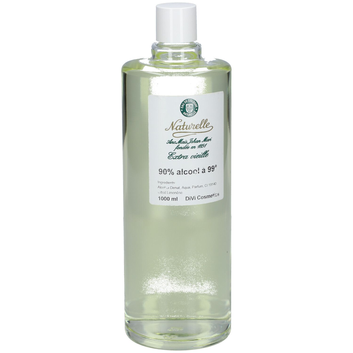 Flacon en verre transparent avec bouchon blanc. Étiquette avec texte: 90% alcool a 99°. 1000 ml. Marque: Naturelle.