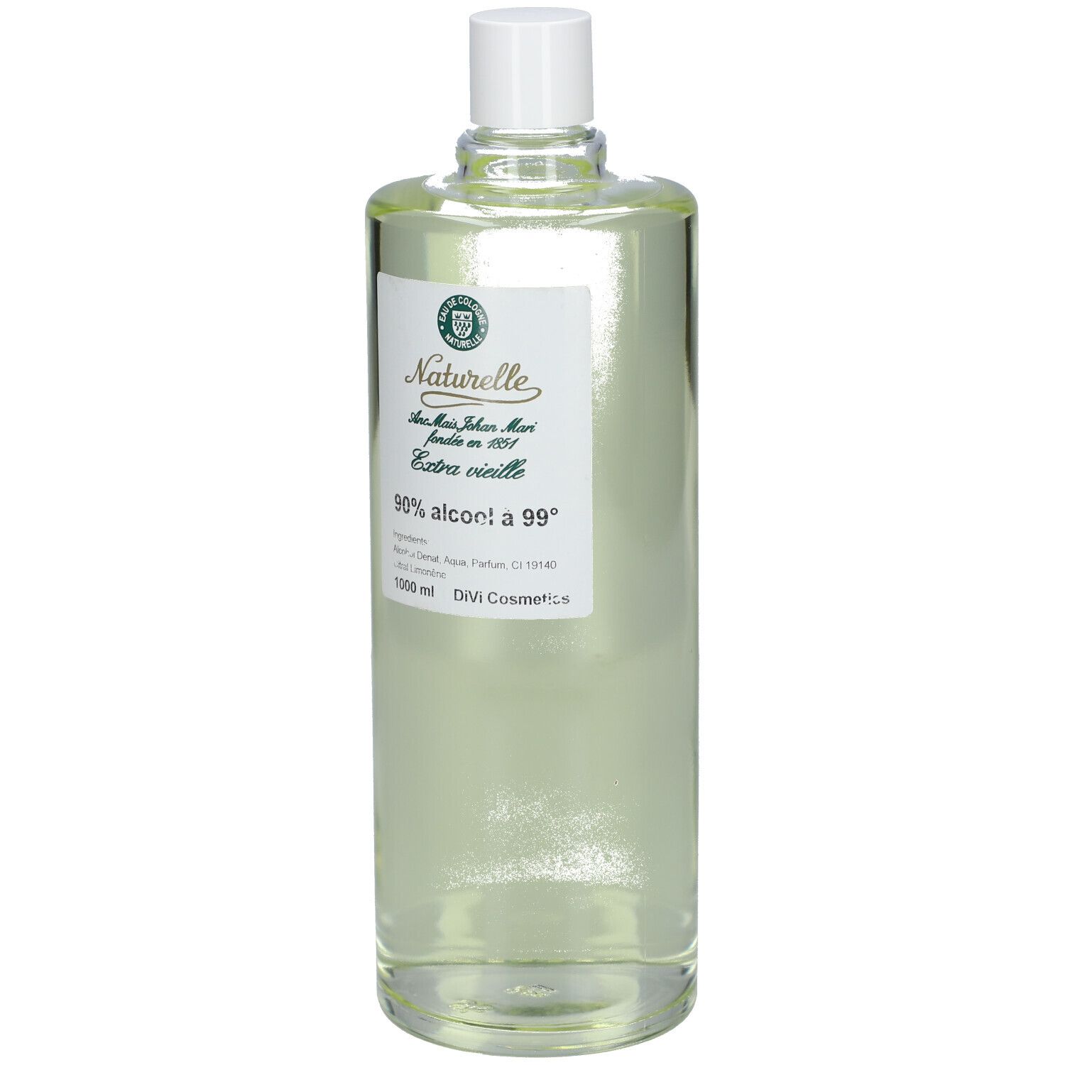 Flacon en verre transparent avec bouchon blanc. Étiquette avec texte: 90% alcool a 99°. 1000 ml. Marque: Naturelle.