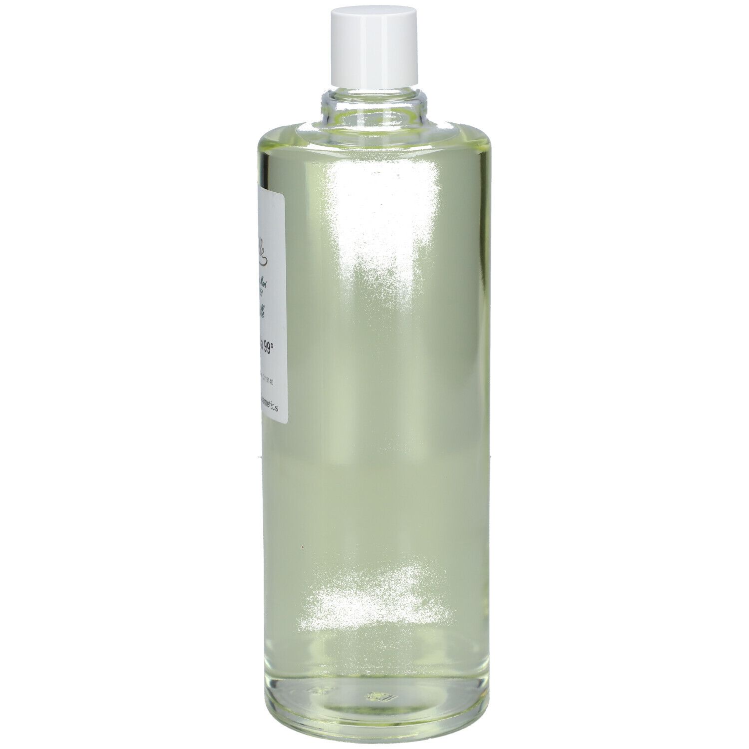 Haute bouteille en verre transparent avec bouchon blanc. Étiquette avec texte. Produit: 90% alcool a 99°. 1000 ml.