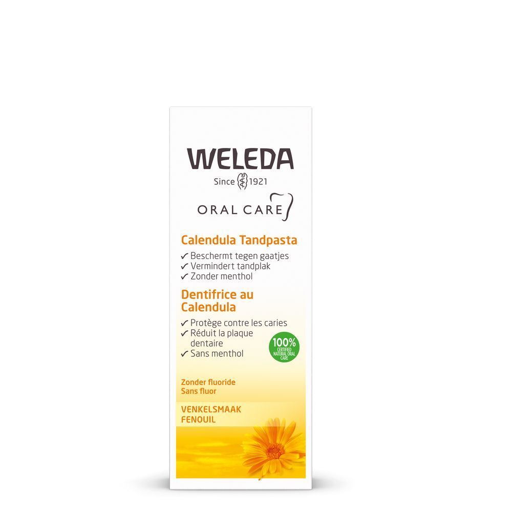 Emballage carton du dentifrice Weleda Calendula. Ingrédients et logo de la marque. Illustration florale et label vert.