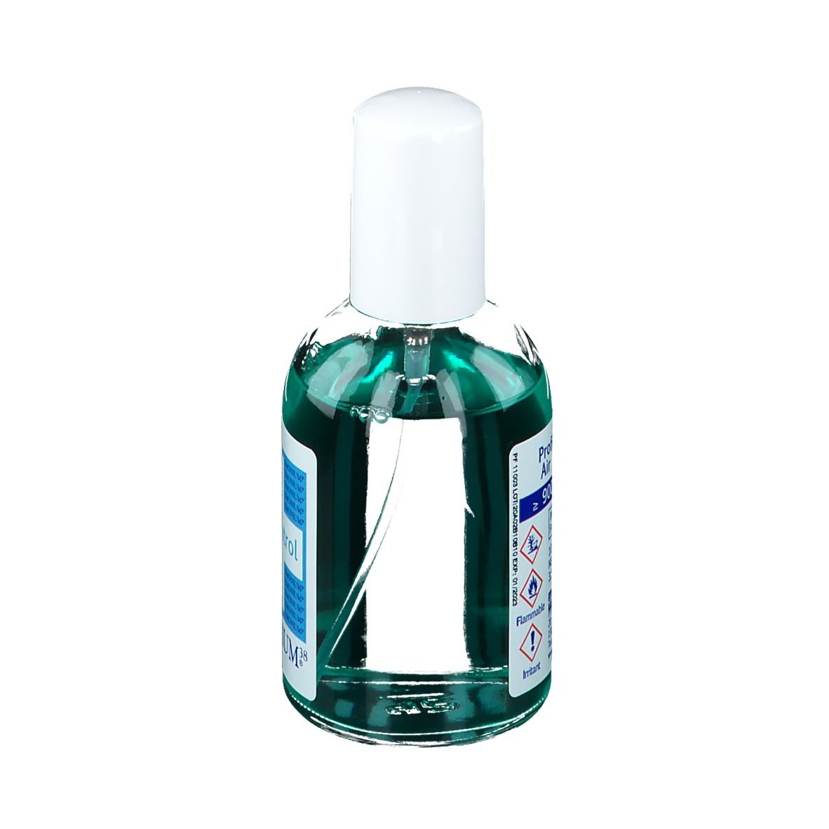 Groene vloeistof in een fles met witte dop en verstuiver. Etiket met tekst.