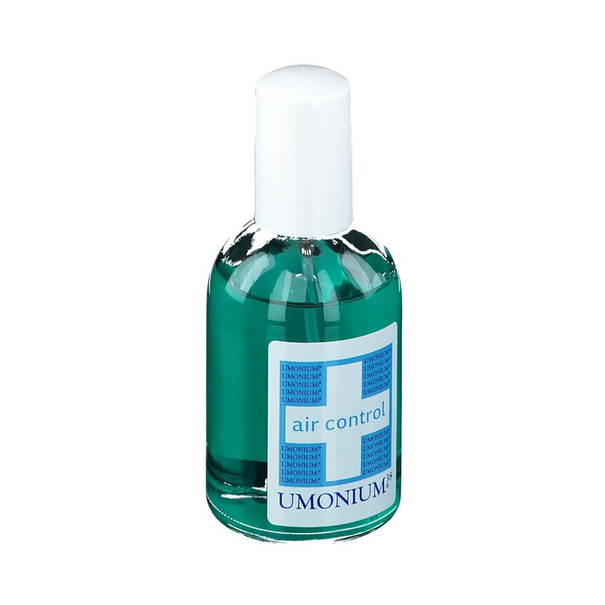 Groene vloeistof in een fles met witte dop. Etiket met tekst: air control, UMONIUM®.