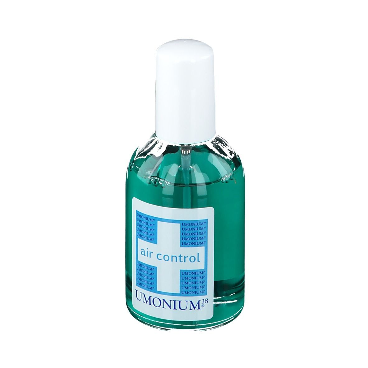 Groene vloeistof in een fles met witte dop en verstuiver. Etiket met tekst: air control, UMONIUM®.